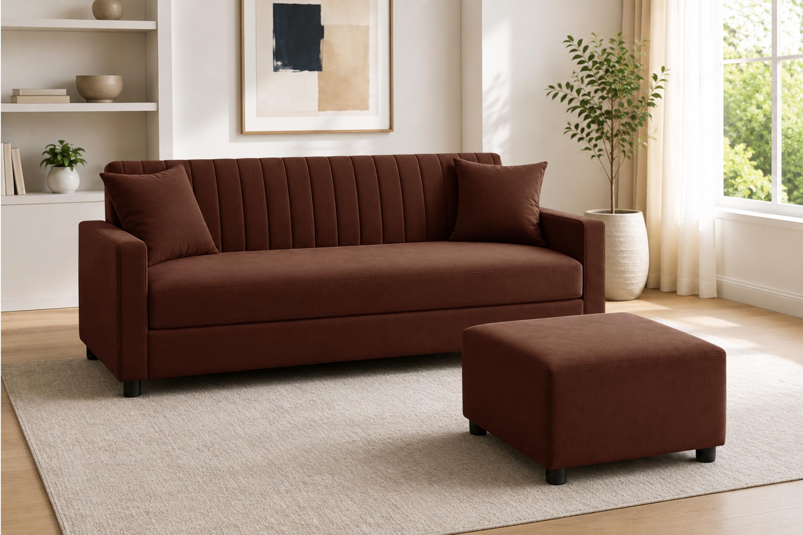 Los Angeles Modern 3-Seater Wooden Sofa Set with Ottoman, Soft Velvet Upholstery, Comfortable Couch for Living Room, Office & Apartment - Brown Color-image-17