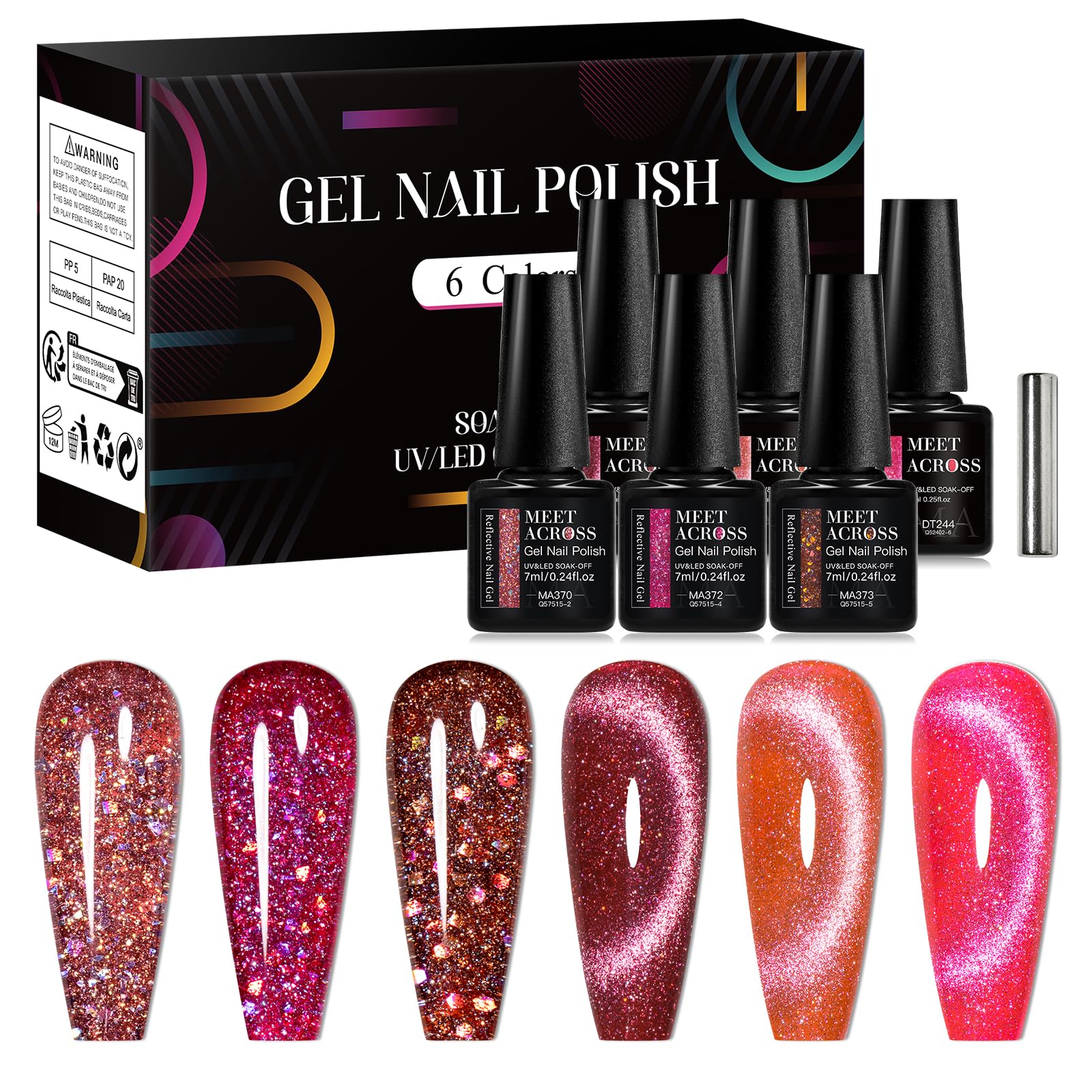MEET ACROSS Gel Nail Polish Set, 6 Colors Cat Eye Shimmer Collection, 7ml/0.24fl.oz Each, UV LED Soak Off (Set-21, 6pcs)