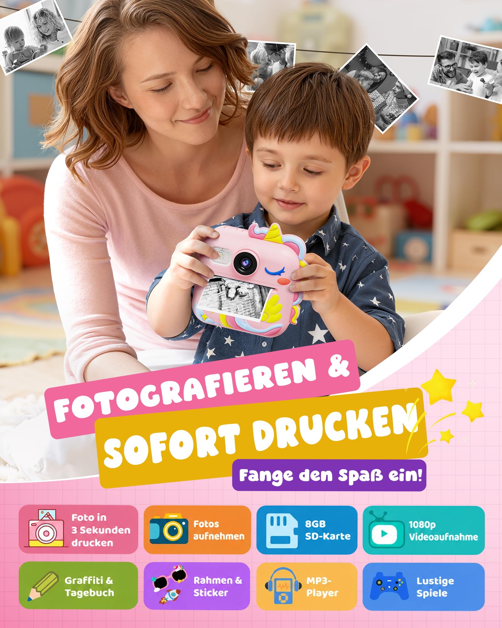 KOKODI Kinderkamera Sofortbildkamera 3-12 Jungen Mädchen(Rosa)