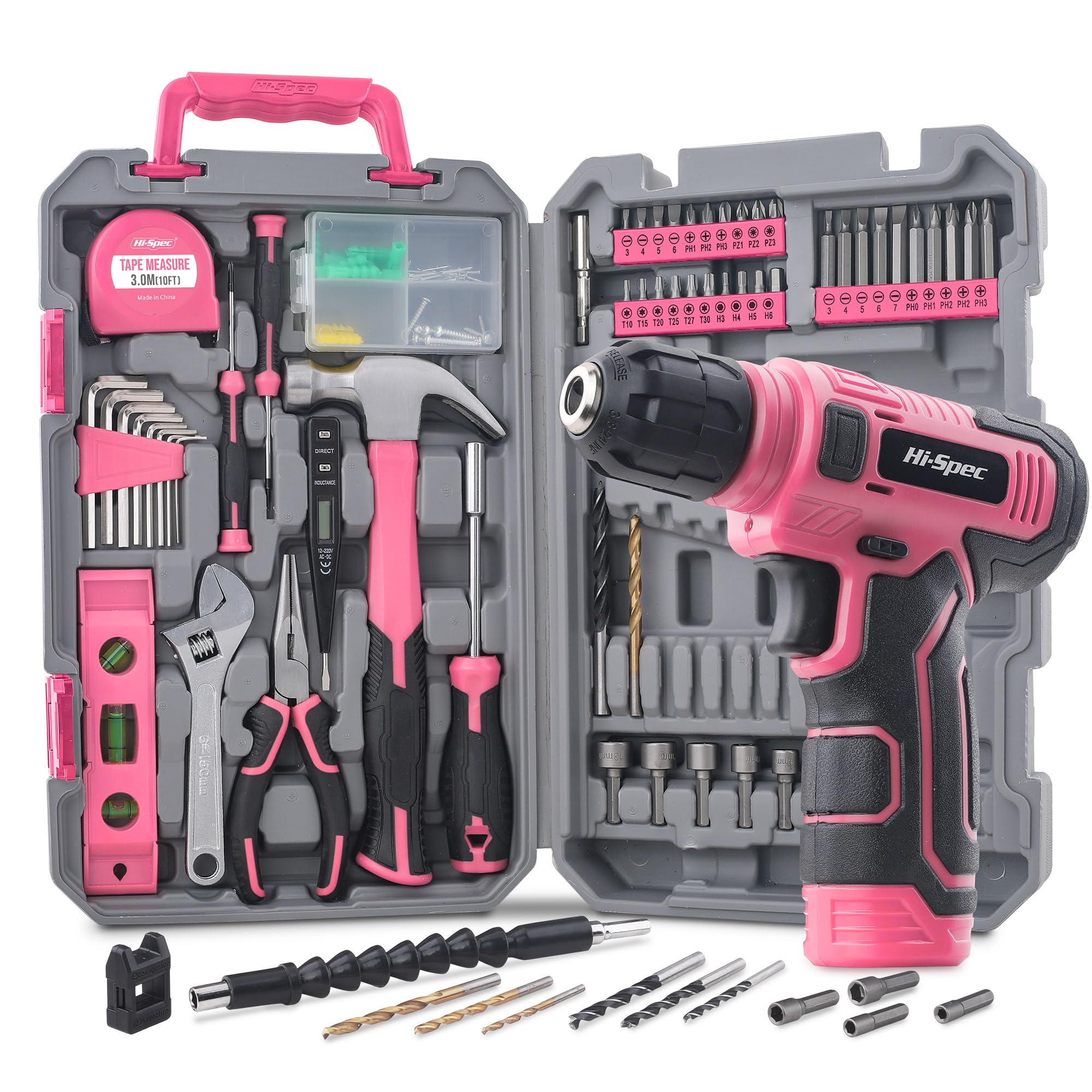 Hi-Spec Pink Tool Set with 8V Drill Set. Complete Cordless & Rechargeable USB Electric Drill Driver Kit for Women, Home DIY Repair & Maintenance, in a Compact Toolbox.