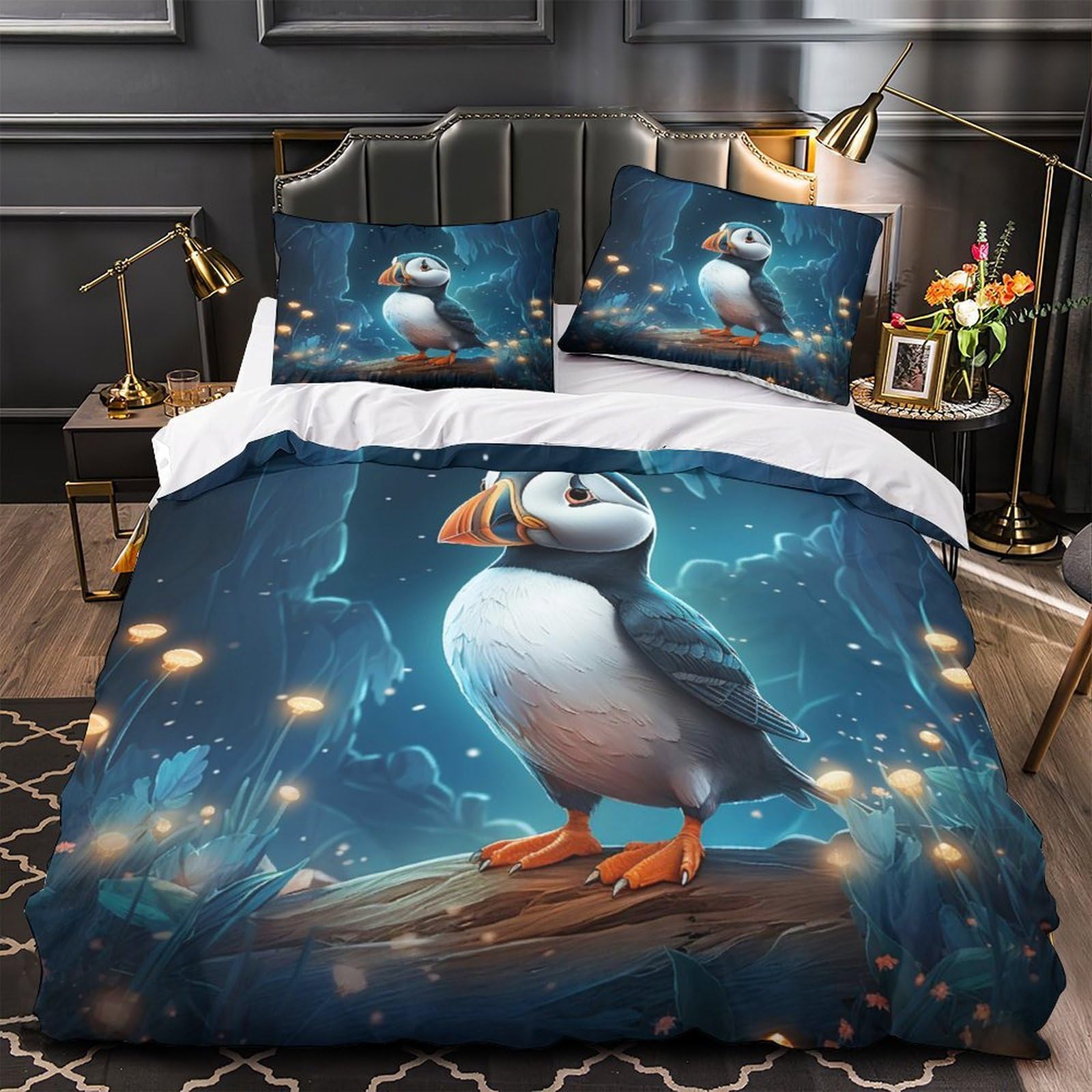 Yvaspqrtw Xzg8251rdnof Puffin Bird 3D Print Duvet Insert Cover 3Pc Ultra-Soft Microfibre Light Fantasy Cartoon Quilt Cover 2 Pillowcases Concealed Zipper Bed Linen Teens Bedroom Double（200X200cm）