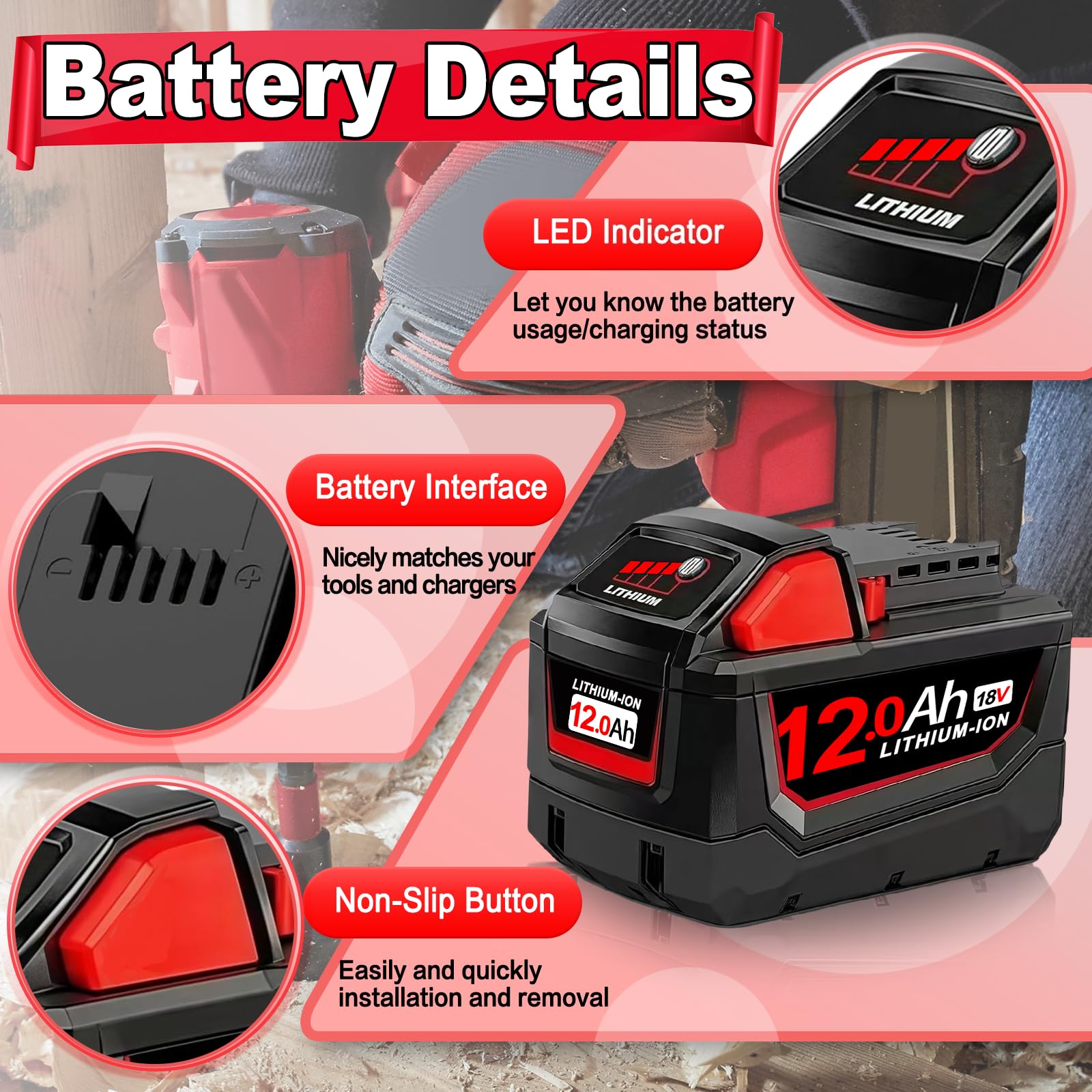 2X M18 18V 12.0Ah Li-ion Replacement for Milwaukee Battery Compatible with Milwaukee M18 Battery 48-11-1820 48-11-1840 48-11-1850 2646-60 with LED Indicators for Cordless Power Tools (M18*2) - 4