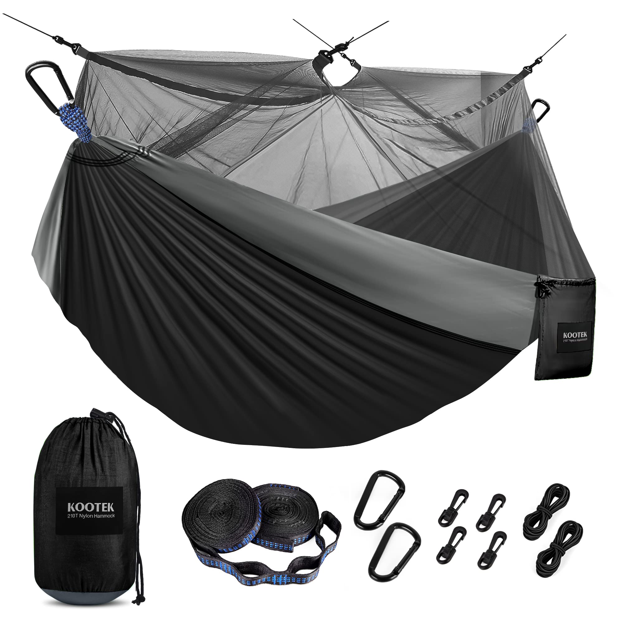 Kootek Camping Hammock with Mosquito Net Double & Single Portable Hammocks Parachute Lightweight Nylon with Tree Straps for Outdoor Adventures Backpacking Trips (Black & Grey, Small)