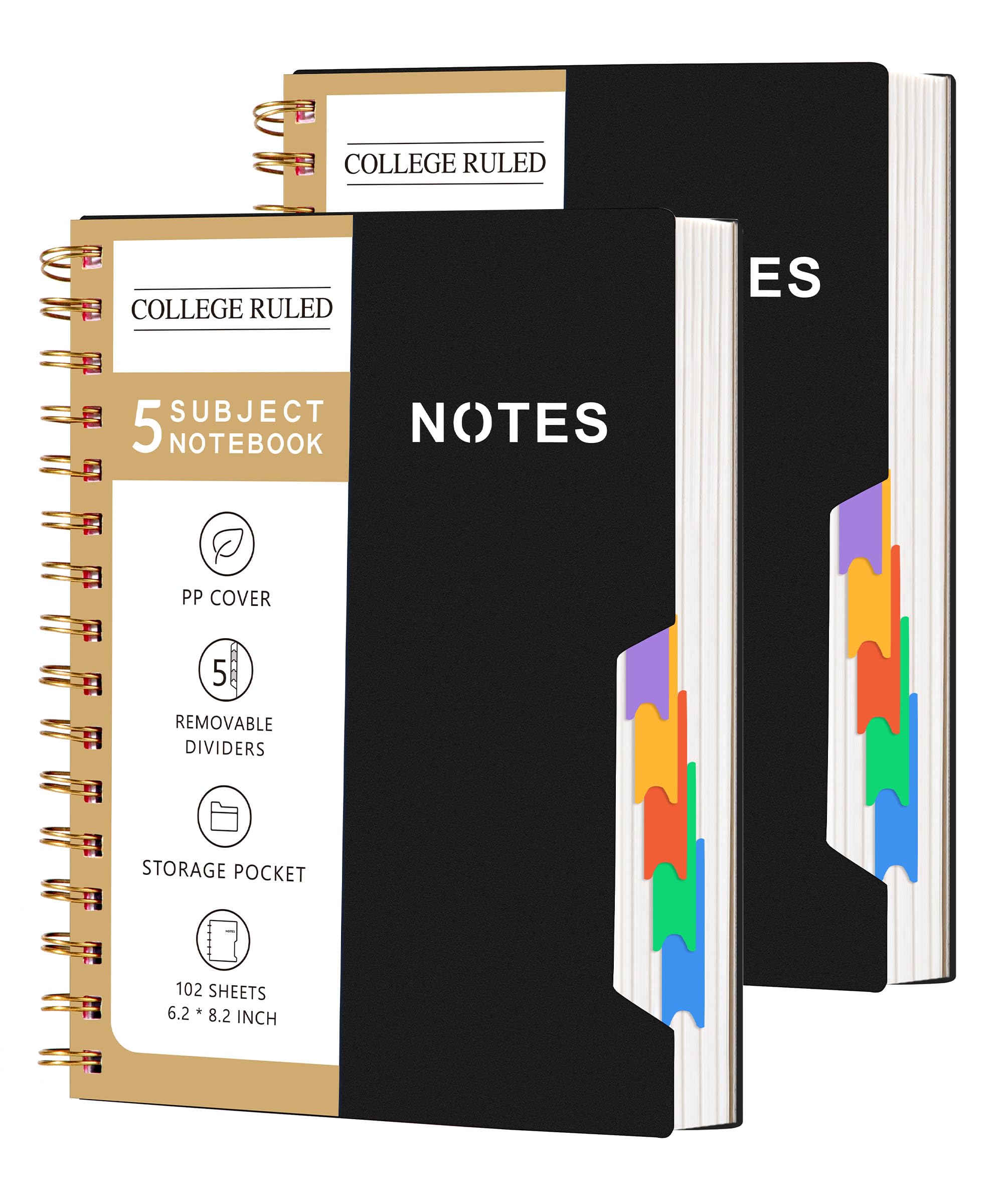 CAGIE 2 Pack 5 Subject Notebook College Ruled Notebooks for Work School Note Taking with Removable Dividers & Pocket Hardcover Spiral Lined Journal Notebook, School Supplies, 6 x 8 inch, Black
