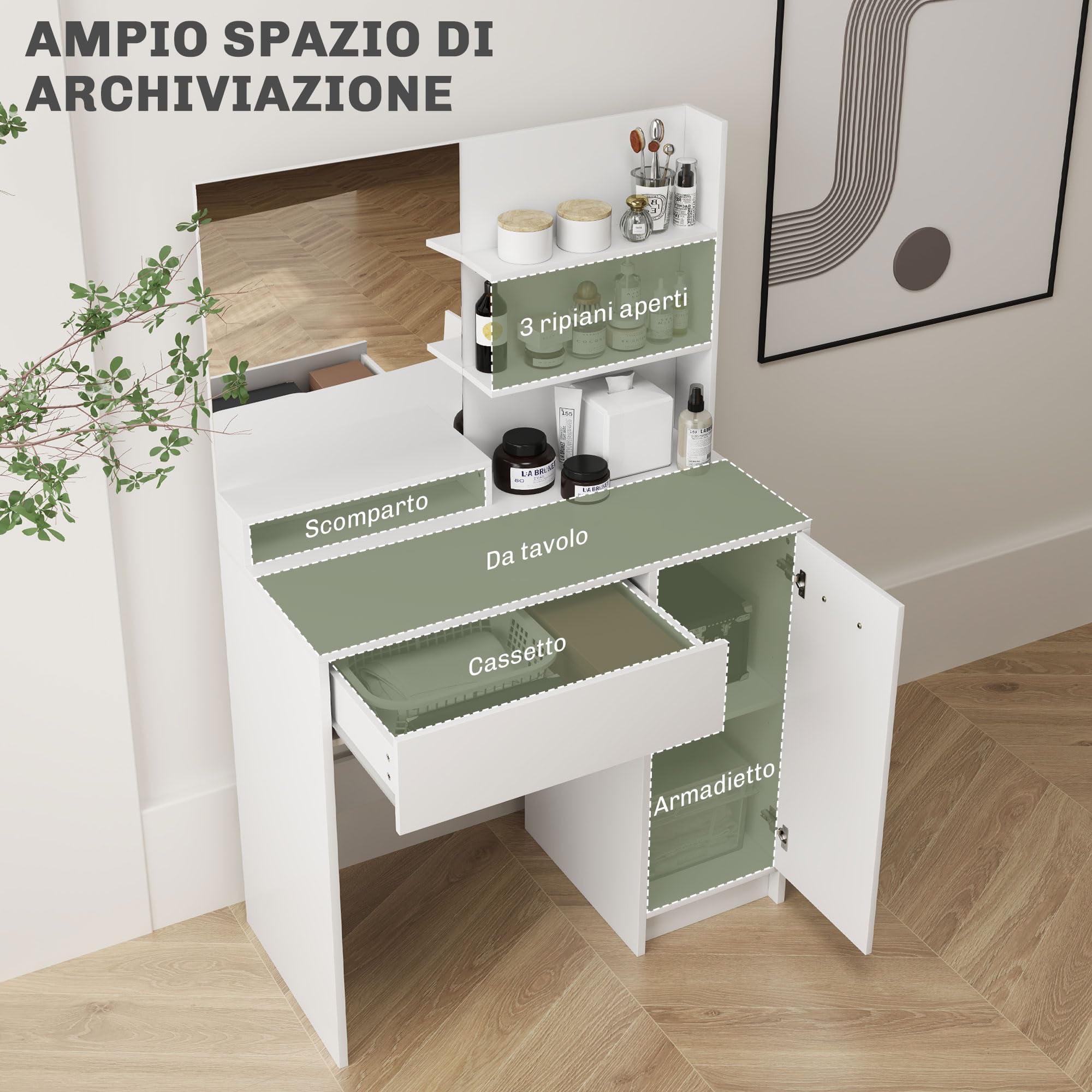 HOMCOM Toeletta Trucco con Specchio e Sgabello con Cassetto Bianco | Postazione Trucco, Armadietto e Ripiani in Legno