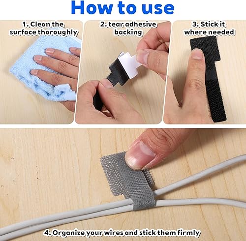 Miniatura 3 de Paquete de 60 bridas autoadhesivas de gancho y bucle, clips de cable de gancho y bucle, organizador de cables para electrodomésticos, gestión de