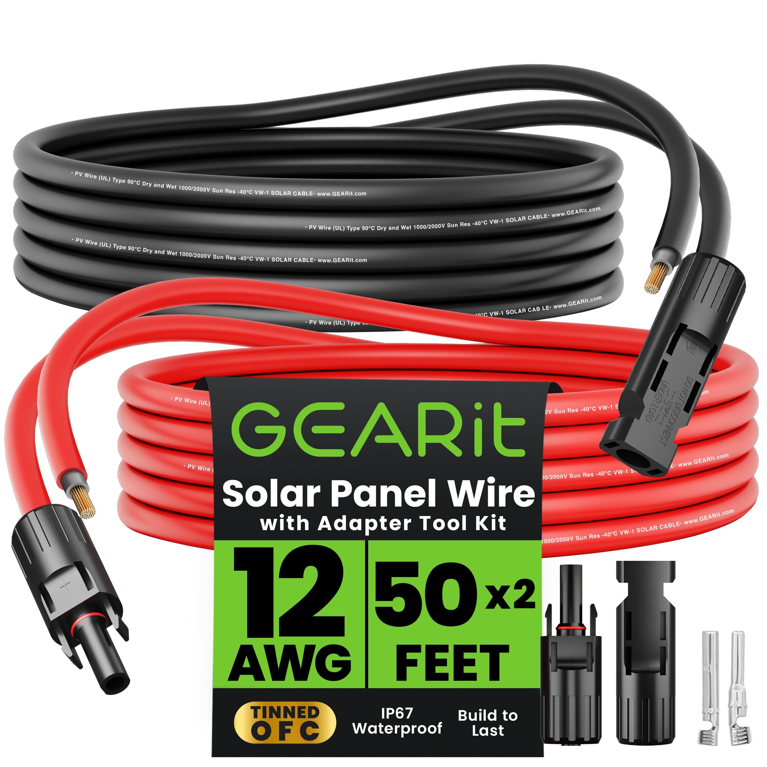 GearIT 12AWG Solar Extension Cable (50FT Black - 50Ft Red) Male to Female Solar Connectors with Adapter Tool Kit, Solar Panel Renewable Energy, 12