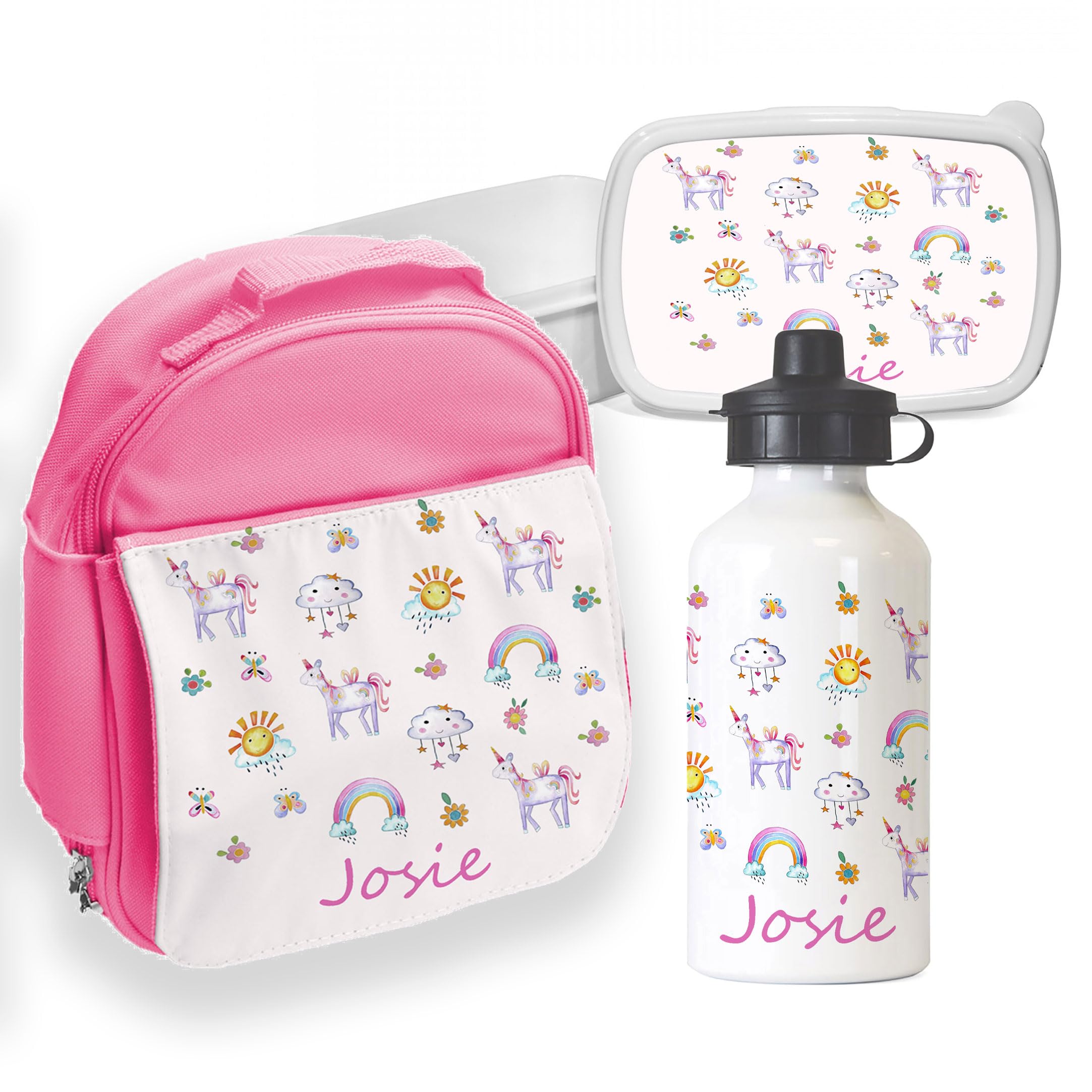 Personalised Girls Lunch Box and Matching Pink Unicorns Water Bottle, Snack Box Cute Unicorn Print, reusable, hard-wearing, Zip Compartments,