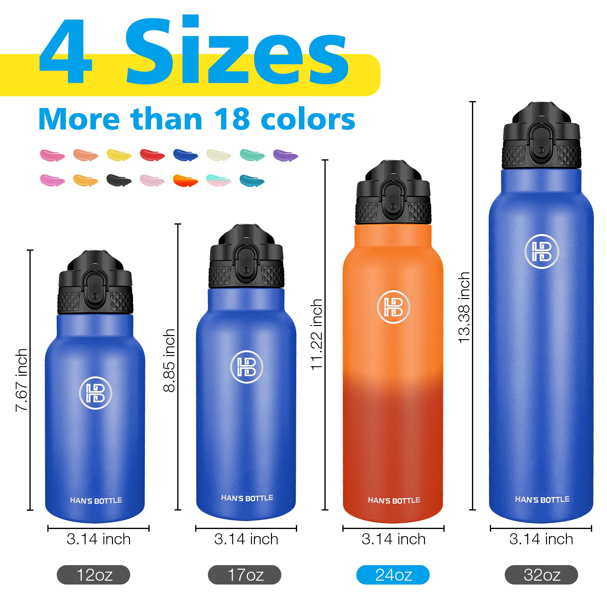 Han's Bottle Sports Water Bottle - 24 Oz, Straw Lid, Leak Proof, Vacuum Insulated Stainless Steel, Double Walled, Thermo Mug,Fire