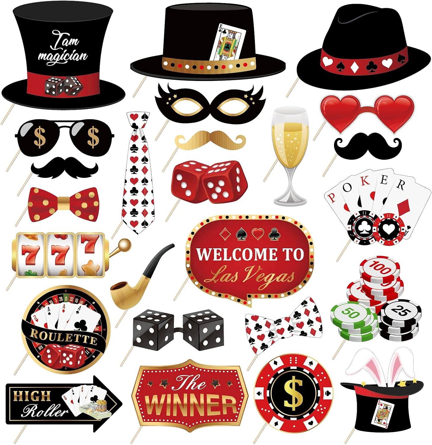 Las Vegas Casino Photo Booth Props Party Kit 44 Stuks met Houten Sticks en Strike a Pose Teken van Buiten De Booth