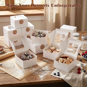 VGOODALL 50PCS Cookie Boxes,4x4x2.5 Inches Mini Bakery Boxes with Window for Individual Cupcake Pastry Candy Strawberry, Party Supplies