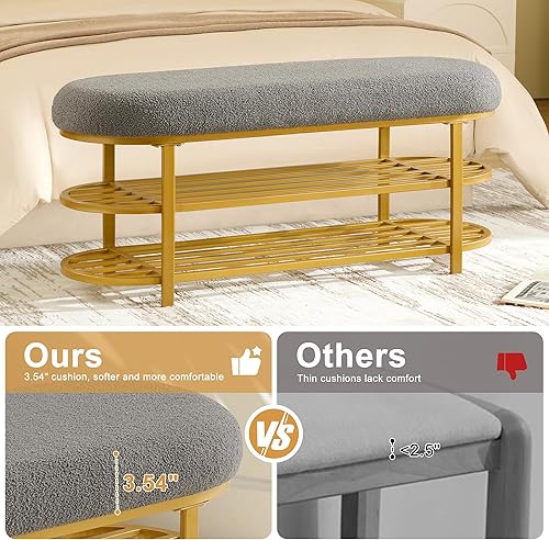 Miniatura 19 de Banco de almacenamiento de zapatos de 46 pulgadas con cojín, banco de entrada de 2 niveles, patas de metal moderno, zapatero con estante para