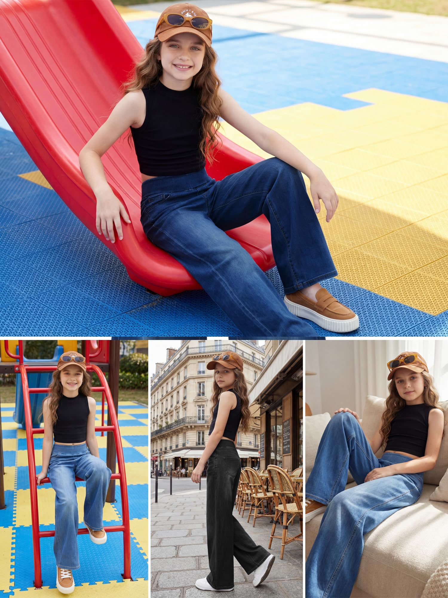 LaiEr Mädchen Jeans,Weite Bein Denim hochtaillierte lockere Passform,dehnbarer weicher Denim-Stoff,mit Mehreren Taschen,lässige gerade Weite Form,Y2K-Style,Skate-Style,für Alter 5–14 Jahre