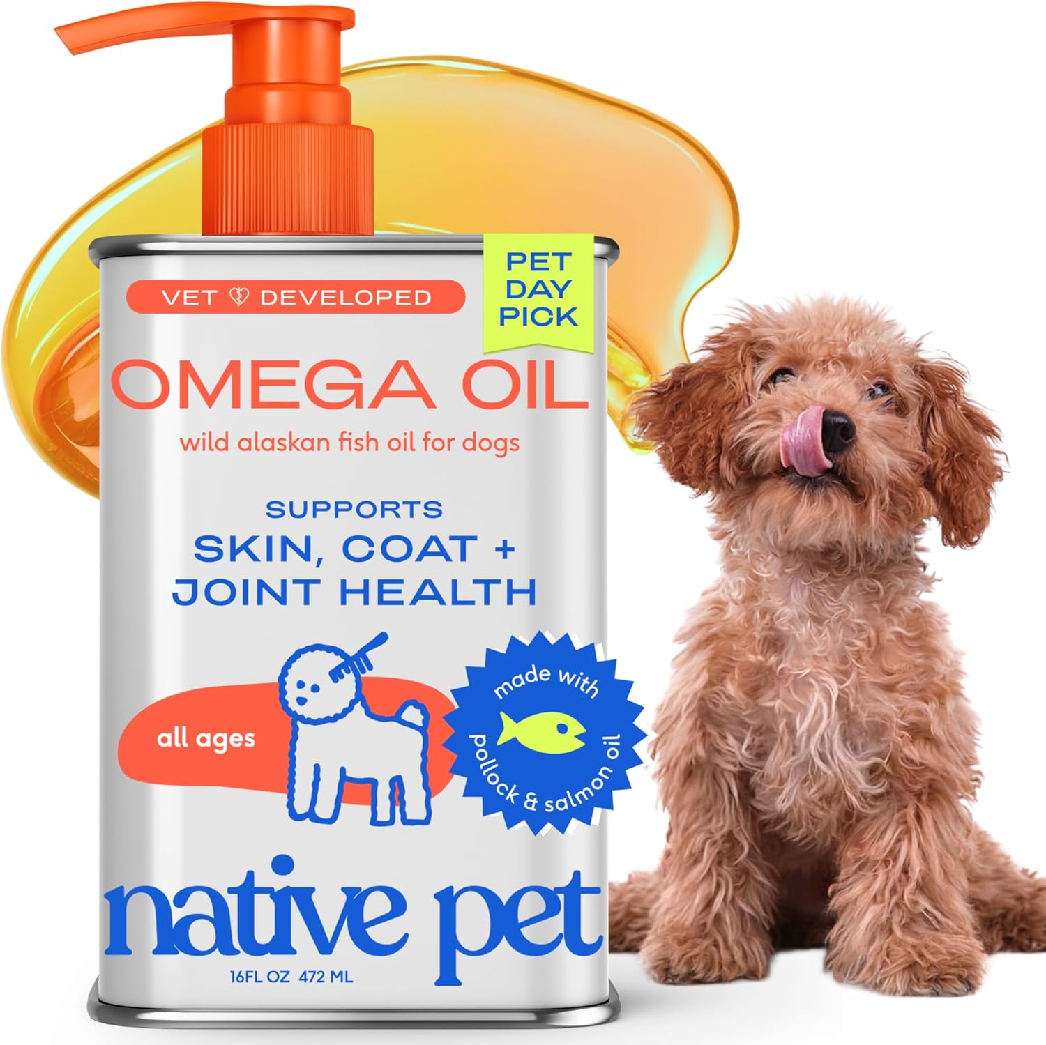 Native Pet Omega 3 Fish Oil for Dogs & Cats – Wild Alaskan Salmon Oil for Dogs Skin and Coat, Supports Joints, Heart & Shedding – Fast-Absorbing Omega 3 6 9 Liquid Supplement – 16oz