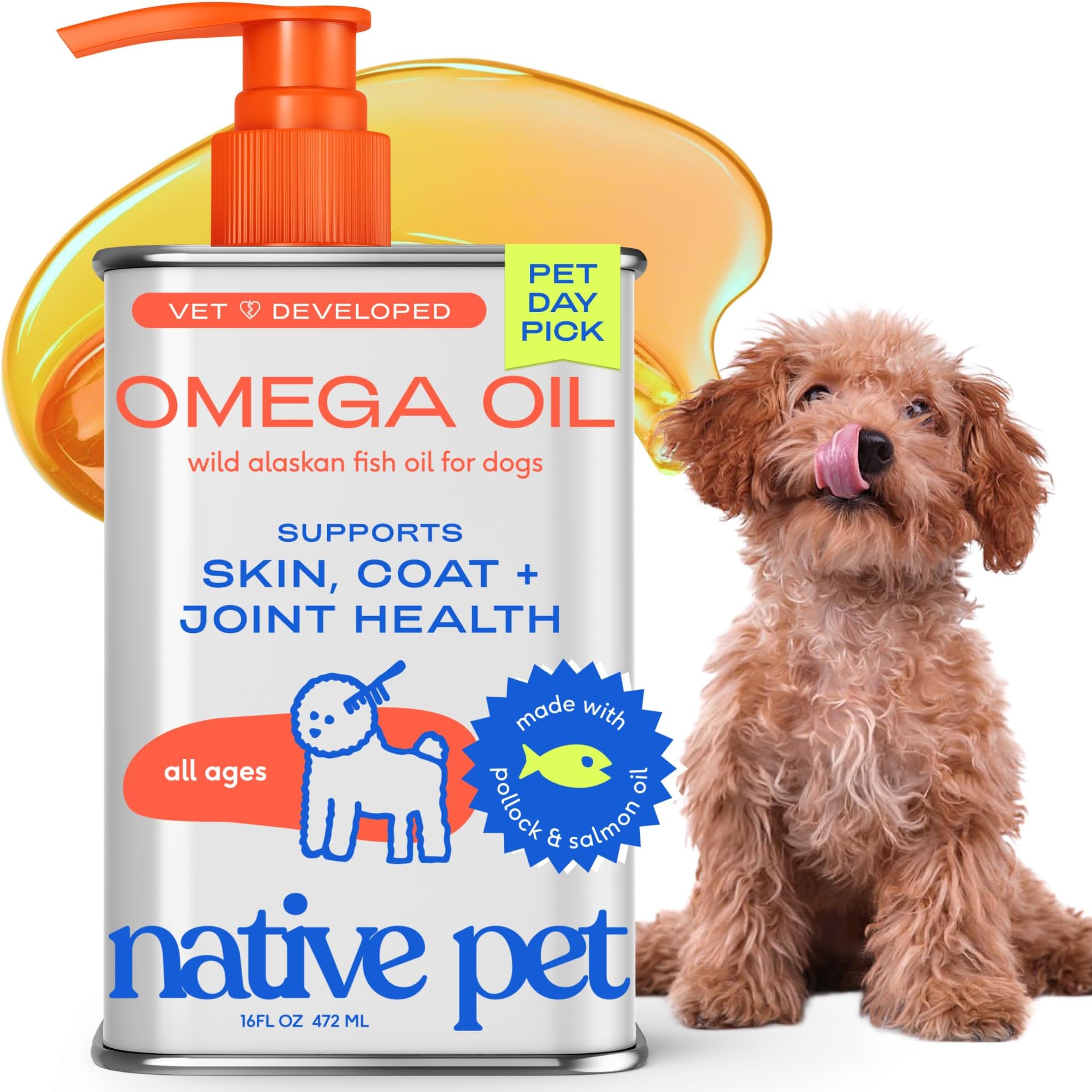 Native Pet Omega 3 Fish Oil for Dogs & Cats - Promotes Healthy Skin, Shiny Coat, & Strong Joints - Made with Wild Alaskan Salmon Oil for Dogs – Tasty, Fast-Absorbing Omega 3 6 9 Liquid Supplement-16oz