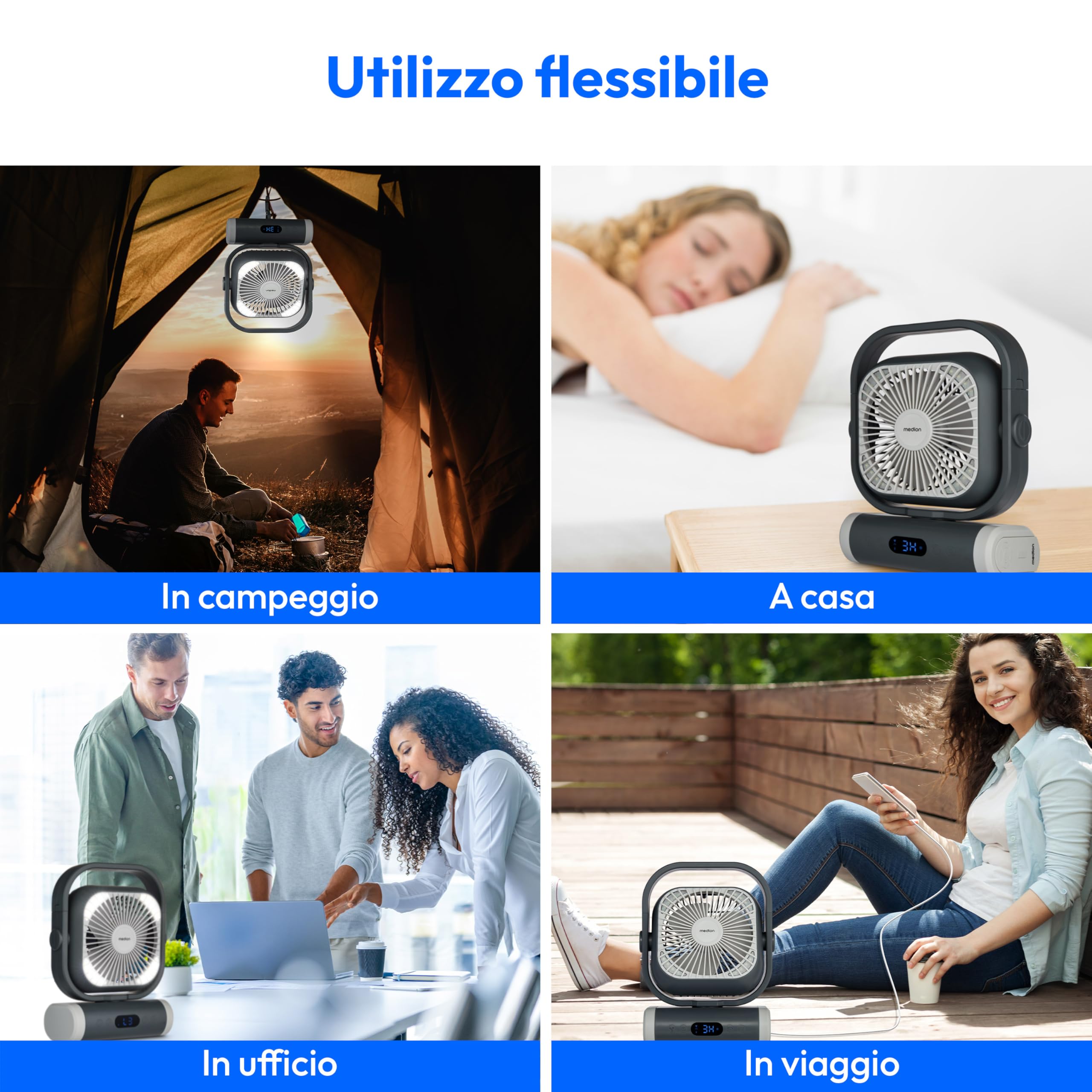 MEDION Ventilatore E10 TF (batteria, mini ventilatore USB portatile con luce, telecomando, 5 velocità, oscillazione, gancio per appendere, funzione powerbank, ideale per ufficio campeggio tenda)