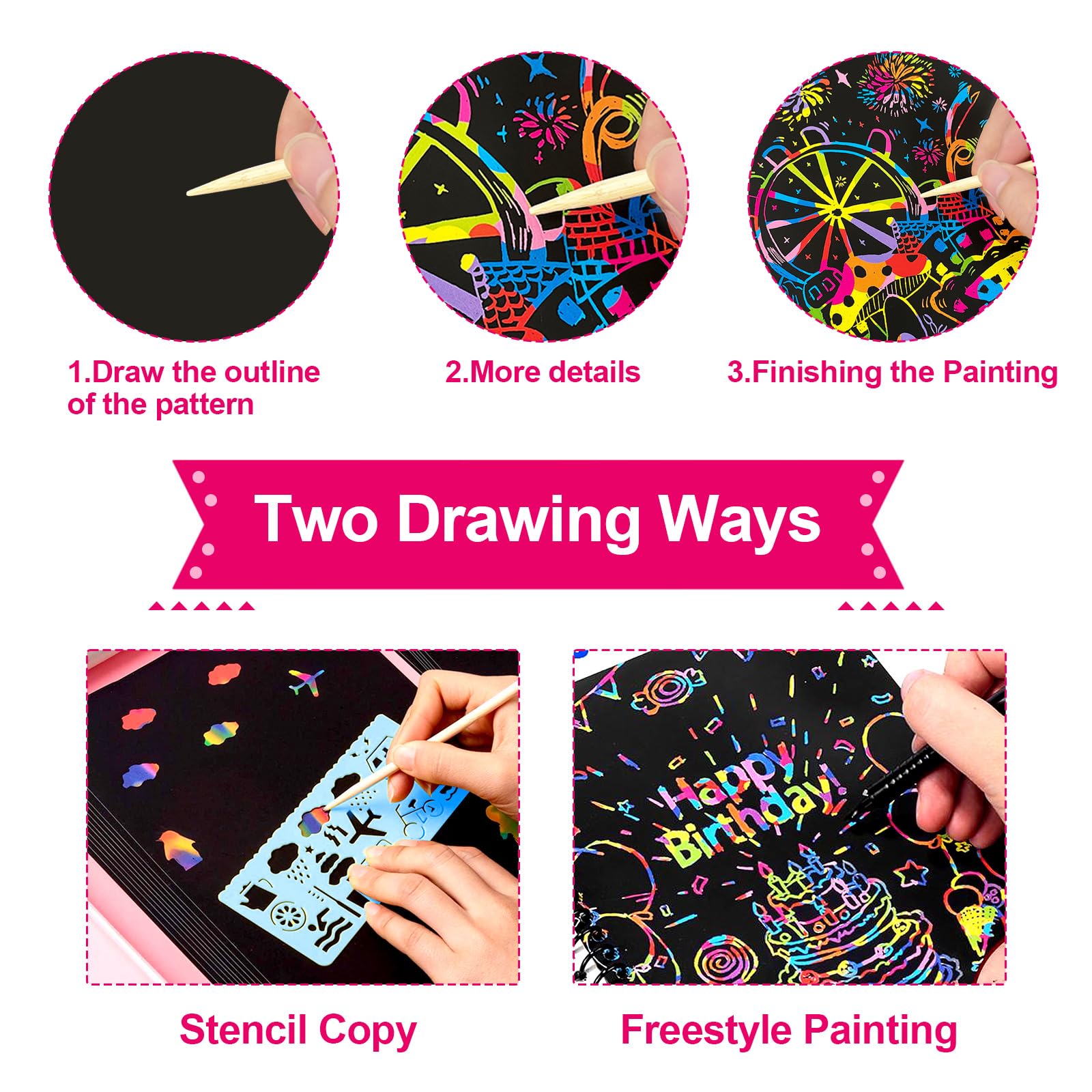 Carte à Gratter Enfant 12 Pack Notes Arc-en-ciel Livre d'Art à Gratter avec Stylo Bambou
