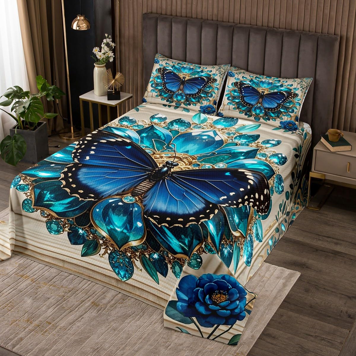 Castle Fairy Butterfly Bedspread Twin Size,Jewelry Print Fashion Bedding Coverlet for Kids Teens Bedroom Decor,Fashion Fluid Stripes Blue Bedding Set 2Pcs,1 Pillowcase
