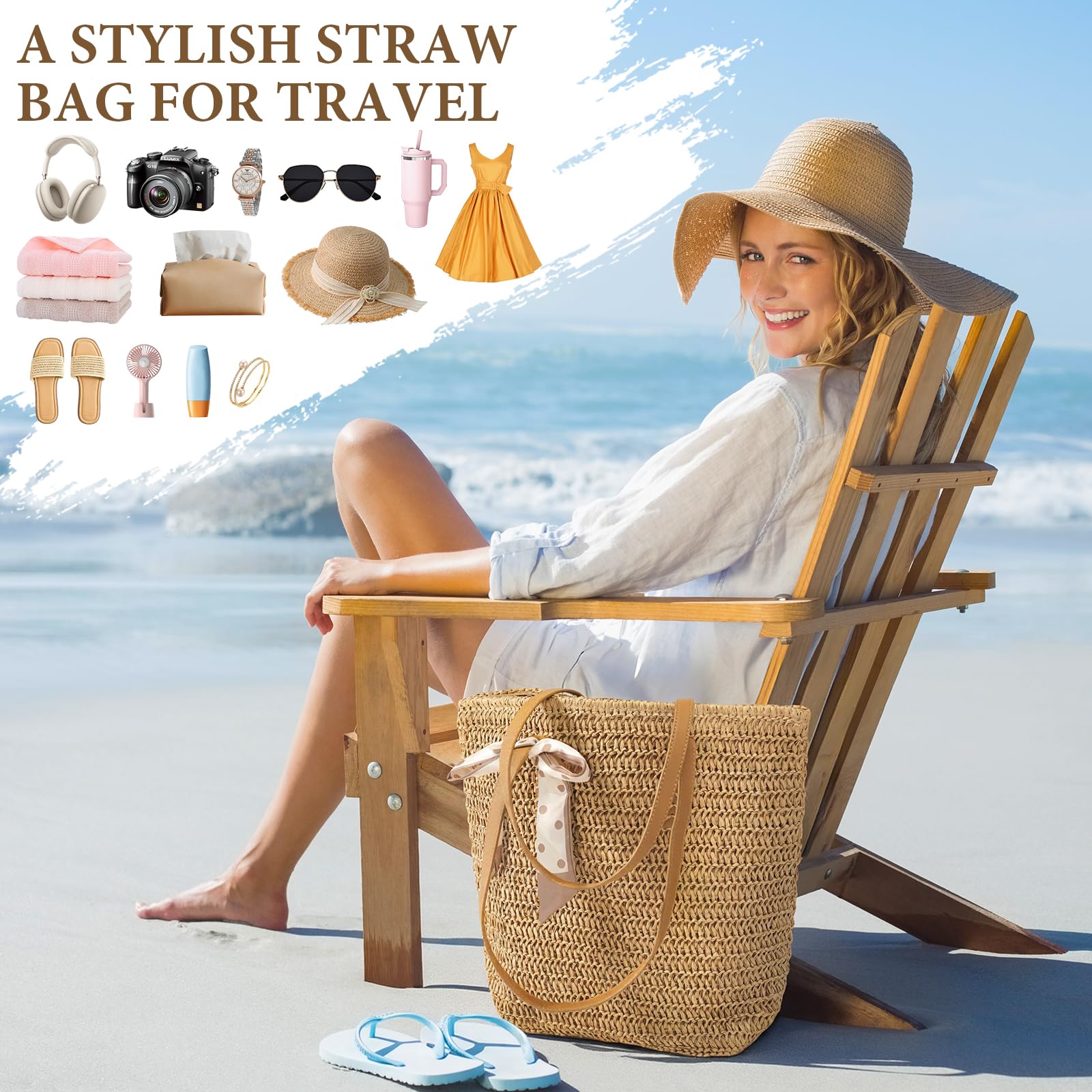 Trifabricy Beach Bags for Women, Large Straw Beach Bag, Beach Tote Bag Shoulder Handbags, Straw Bag Beach Purse for Summer — view 6