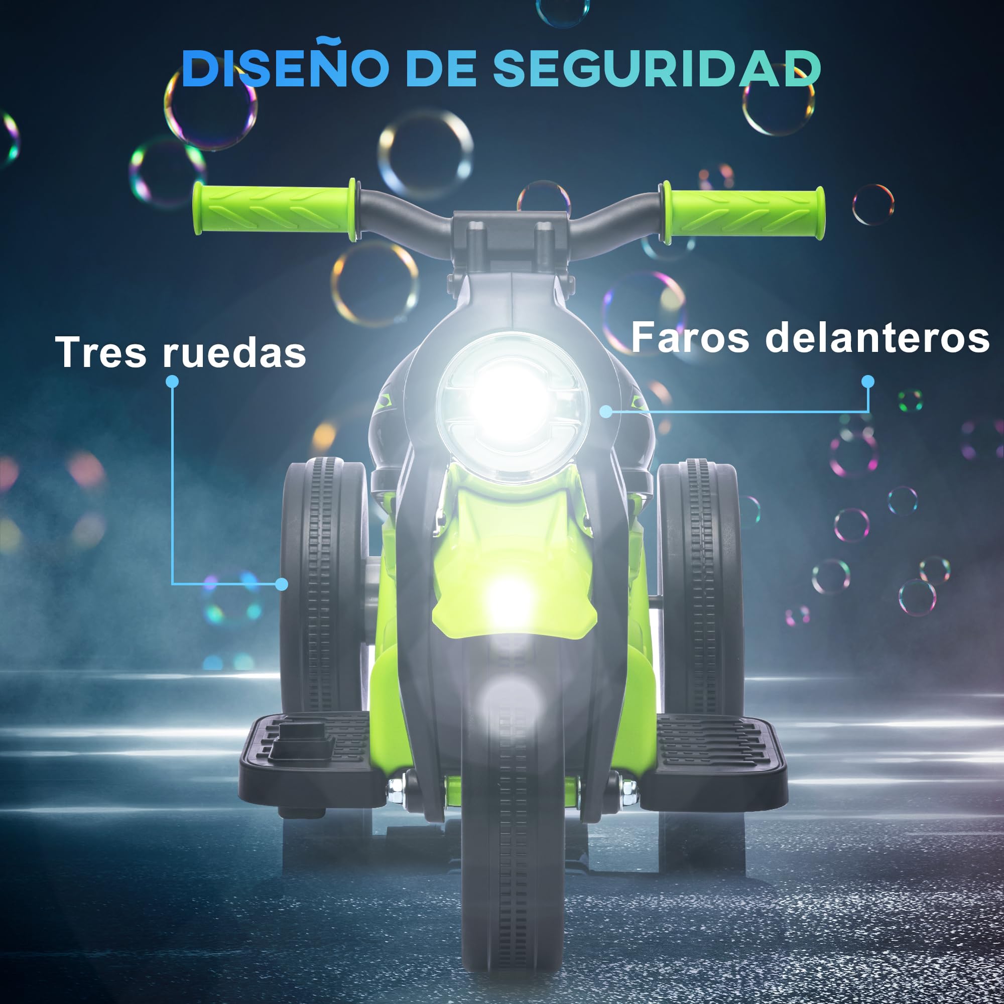 AIYAPLAY Moto Eléctrica para Niños de +2 Años 6V con Burbujas Faros Verde | Moto de Batería para Niños, Música, Velocidad 3 km/h, Carga 30 kg