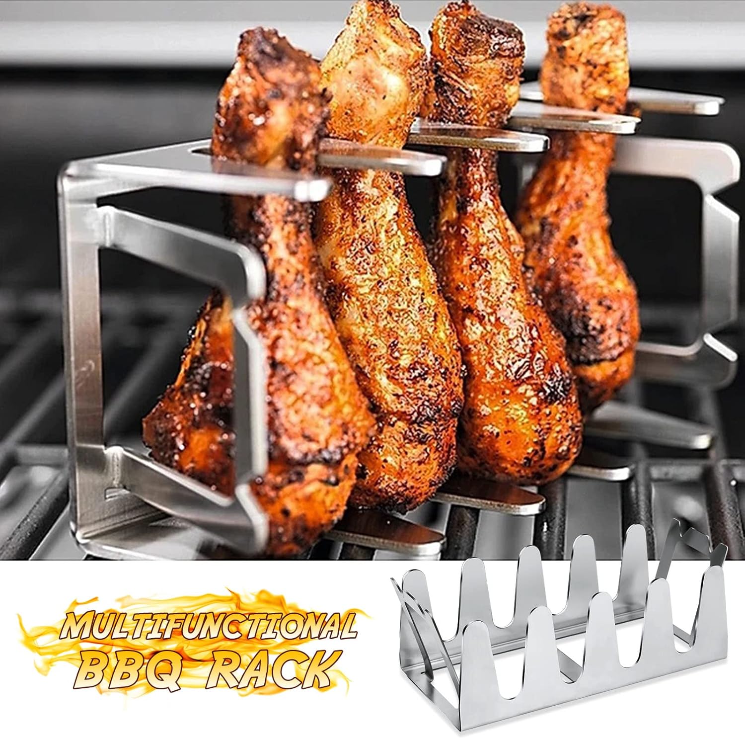 flintronic Griglia per Barbecue, Supporto di Cottura per Costine Barbecue, Cottura in Verticale per Barbecue, Strumenti per Barbecue in Acciaio Inox, Adatto carbonella Gas Elettrico (1pc)