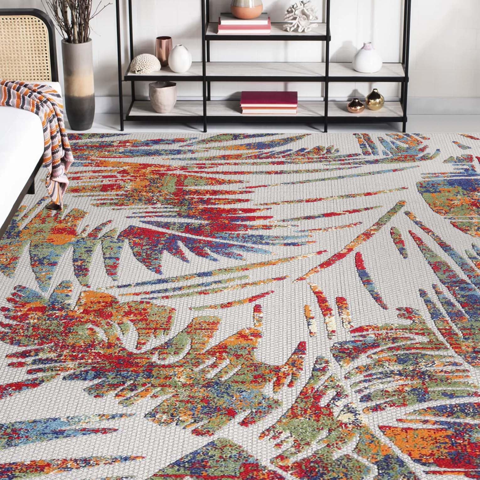 Superior Indoor Outdoor Area Rug, Floor Cover, Perfect Decor for Patio, Bedroom, Kitchen, Living Room, Entry, Playroom, Nursery, Tropical Leaves, Siesta Collection, 6' x 8' 10", Cream