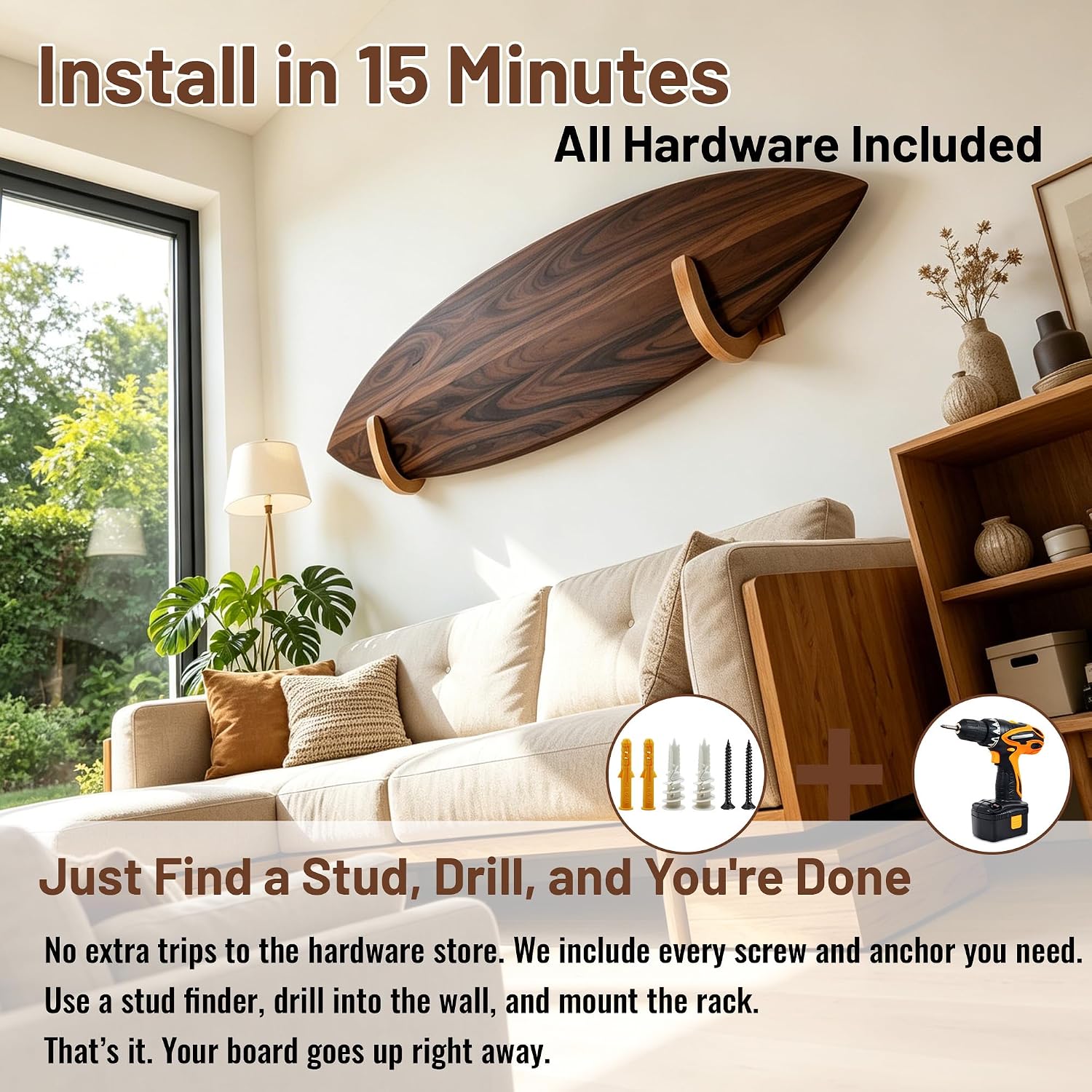 Surfboard Wall Rack for Longboards and Shortboards-Wood,Indoor and Outdoor