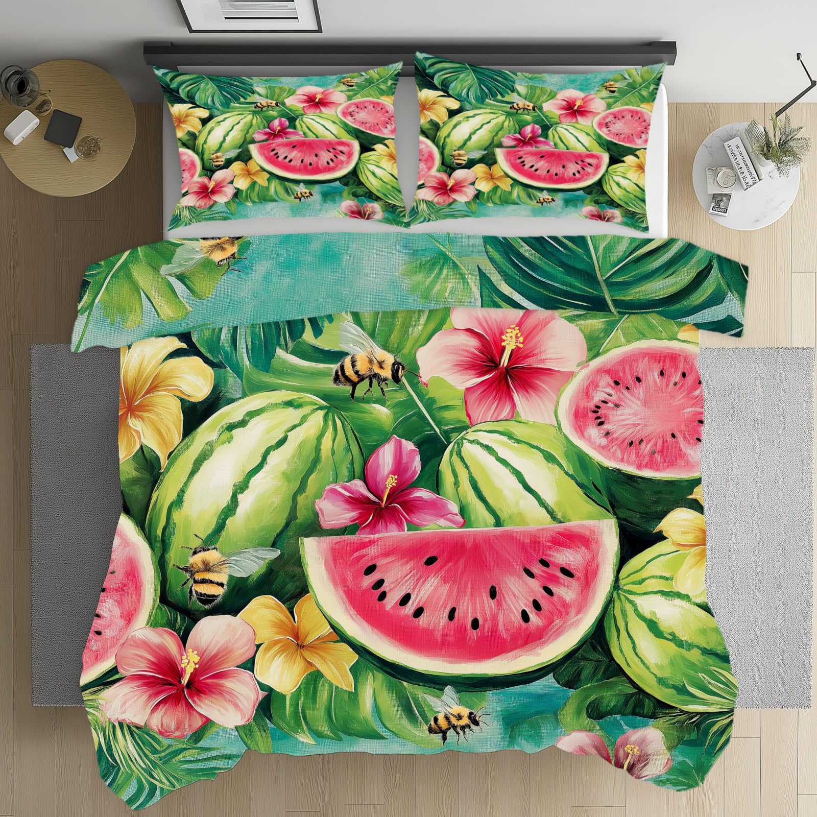 Linge de lit drap feuilles botanique et housse de couette fermeture éclair imprimé pastèque