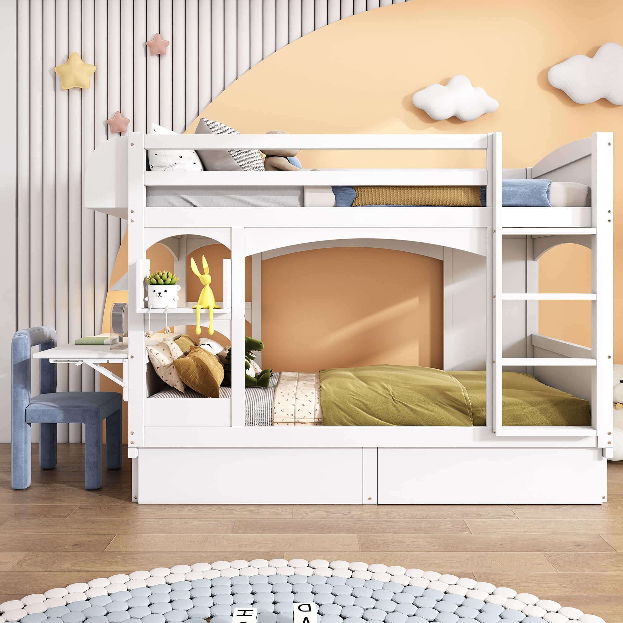 Letto a castello per bambini, 90 x 200 cm, letto matrimoniale, con scrivania pieghevole e mensola, con scala e 2 cassetti, senza materasso, legno massello, bianco