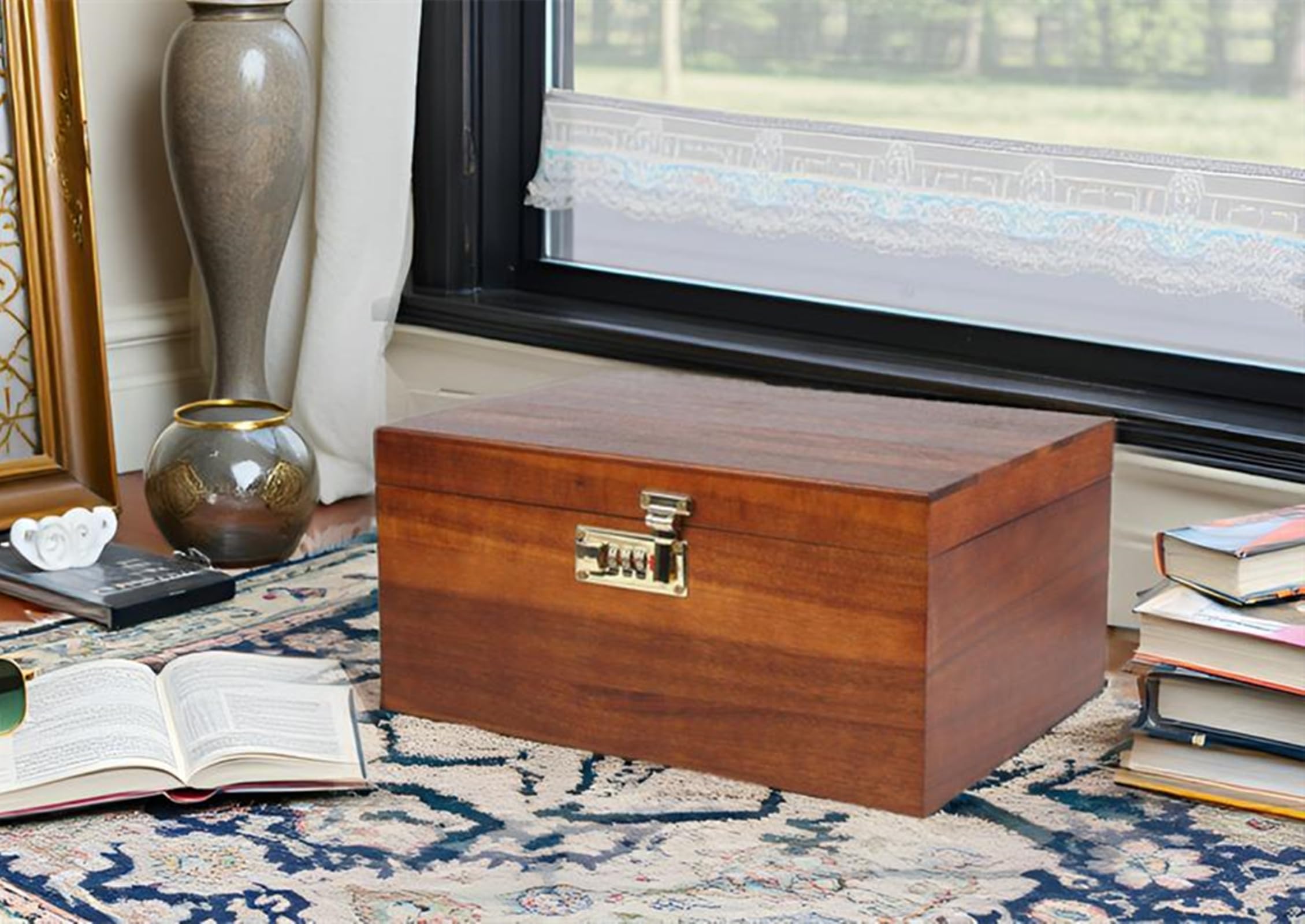 Große Aufbewahrungsbox aus Holz mit Zahlenschloss, 32,5 cm, Akazienholz, Erinnerungsbox mit Deckel zur Aufbewahrung von Schmuckstücken, Schmuck, Karten, Fotos, Holzschloss, dekorativer Koffer für