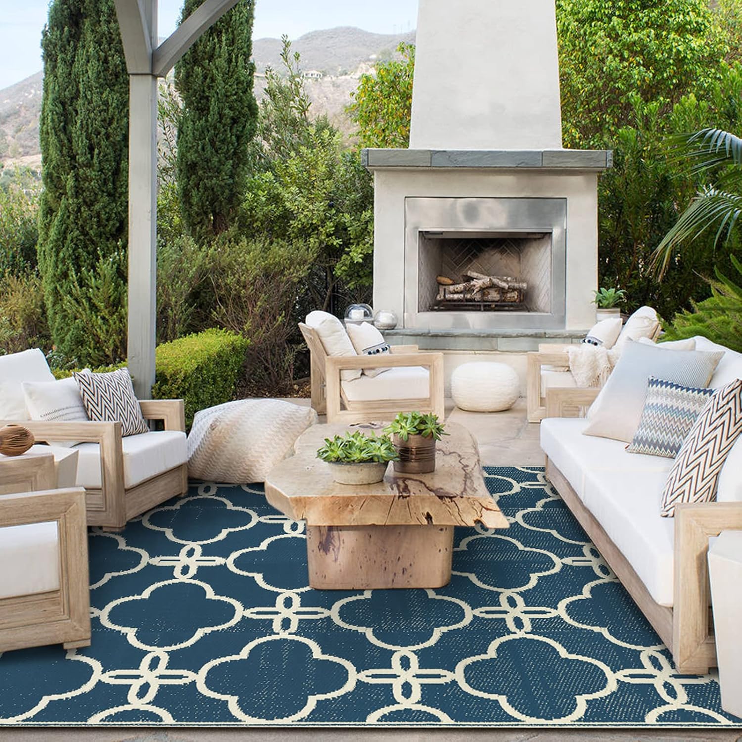 Ashler Blue Outdoor Plastic Straw Rug Waterproof for Patio, Clearance