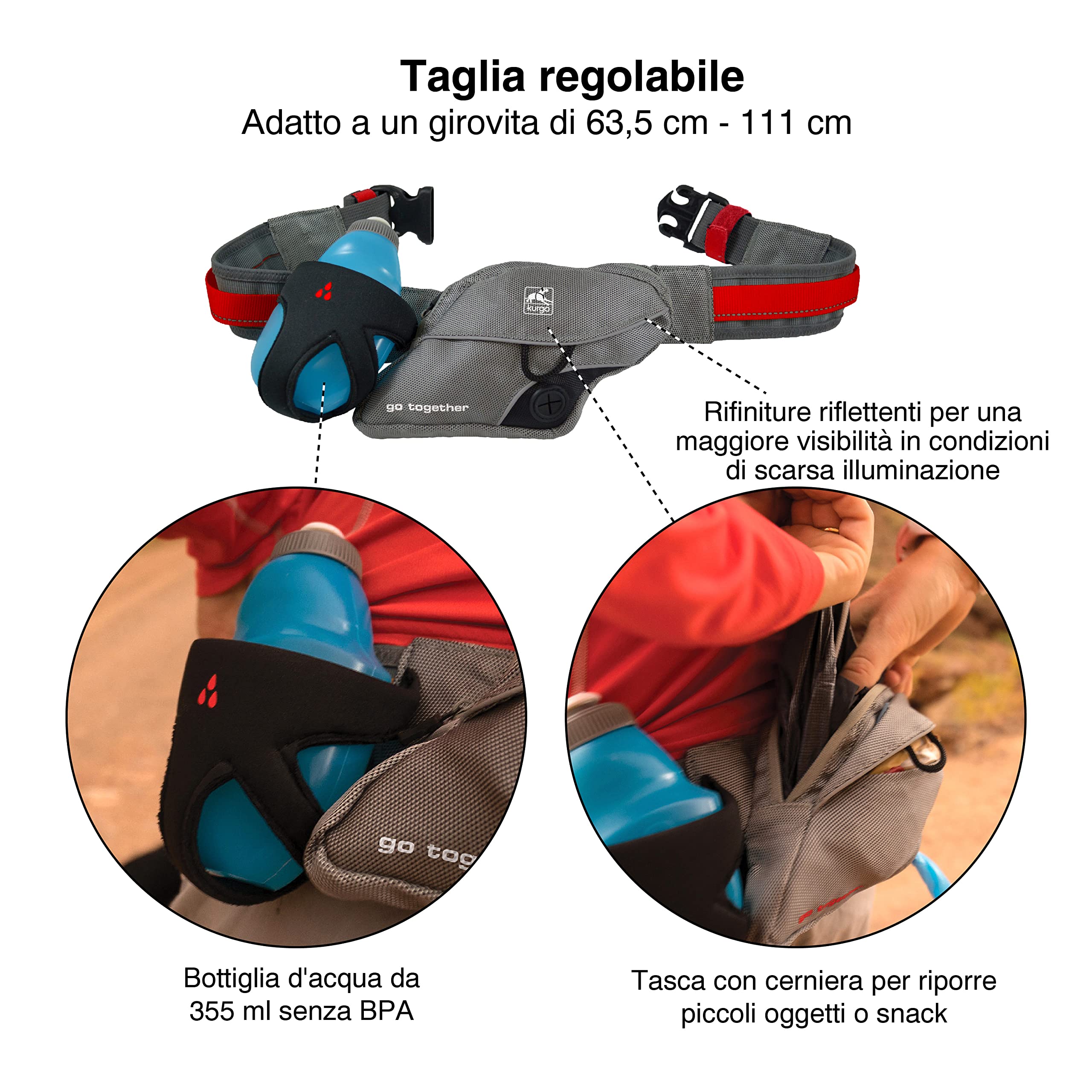 Kurgo Cintura da Corsa per Cani, Cintura da Guinzaglio per Cani, Regolabile, Catarifrangente, a Mani Libere, con Clip per Guinzaglio
