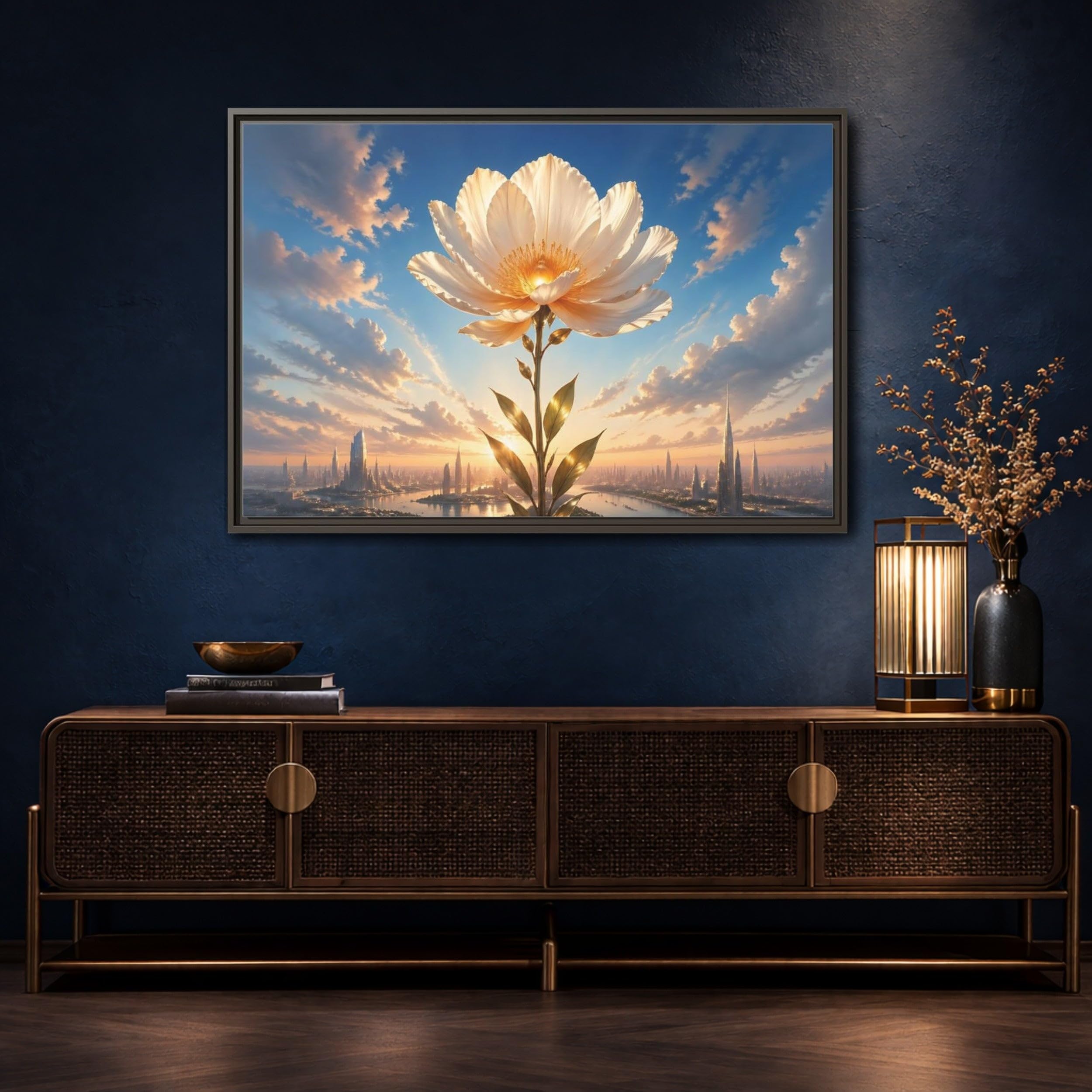 Science Fiction Golden Flower White and Framed Canvas Wall Art - Living Room Decor, Above Couch 24×16 inch (60×40 cm) - Horizontal/Black / 1.25 inch (3 cm)