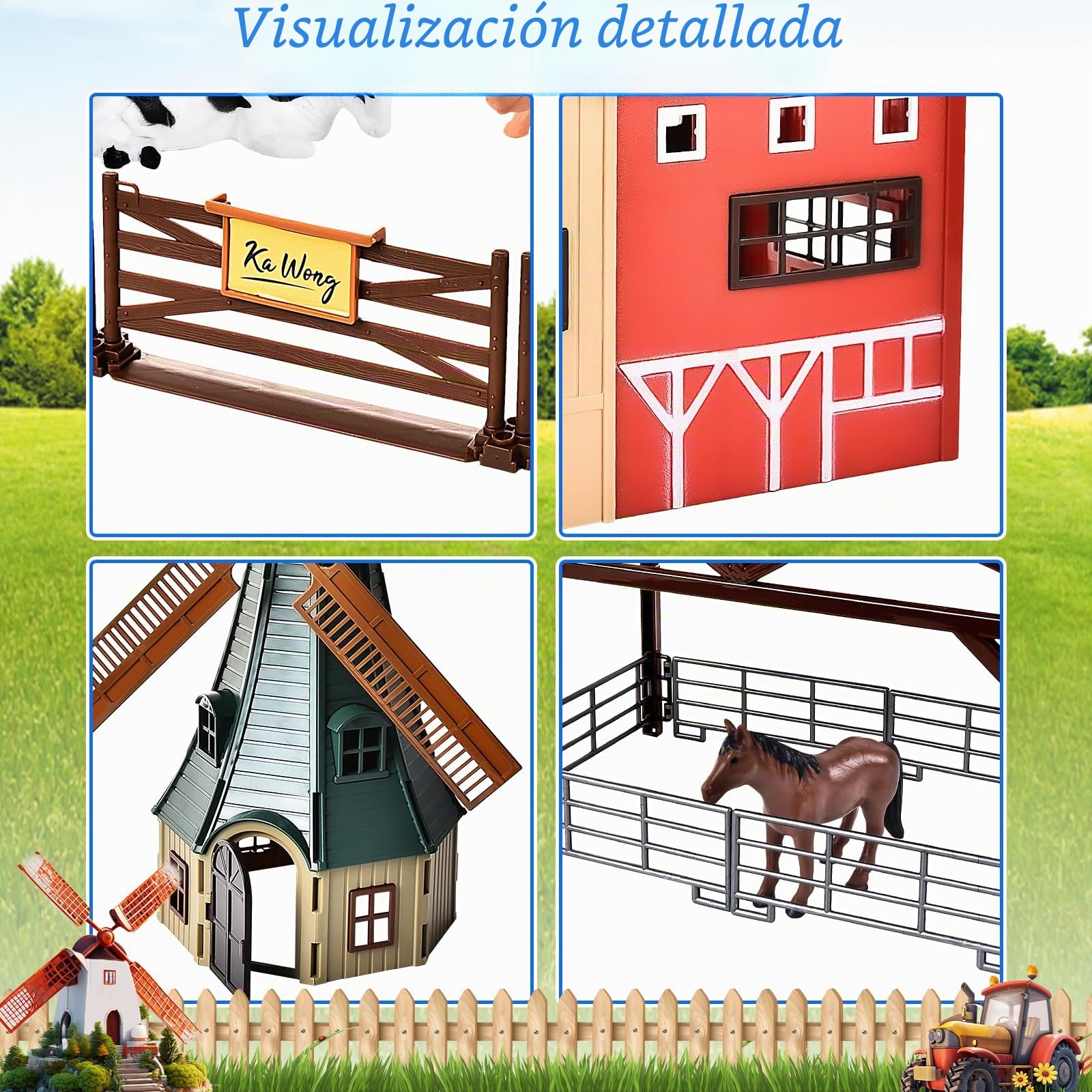 JONRRYIN Juego de juguetes de granja, animales caballos, 4 años, mini juguete caballo establo set con molino de viento, hogar, camión, juegos, regalos para niños, niñas, niños de 5 años