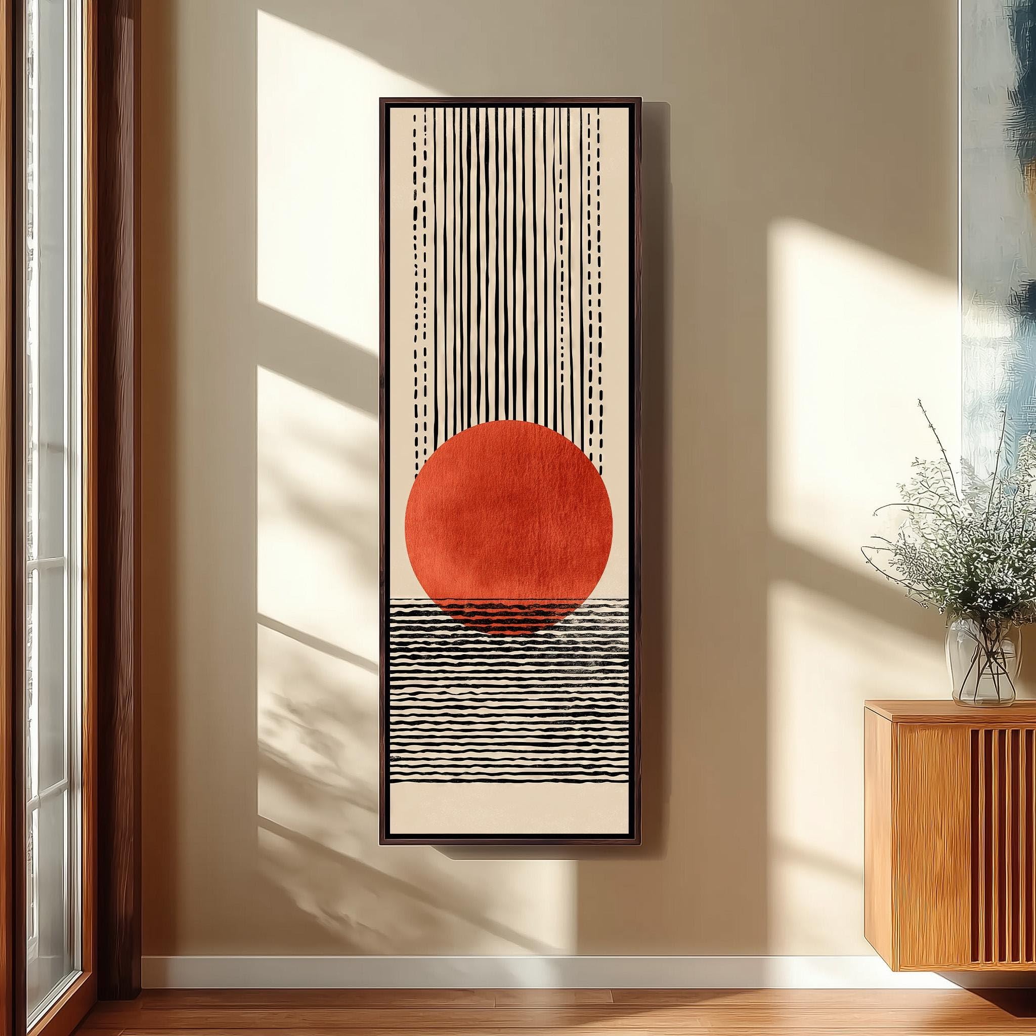 XBTYKPB Lienzo alto y estrecho estilo boho, lienzo geométrico vertical largo con diseño de sol, decoración estrecha de mediados de siglo, estampado terracota, pared retro (35x105cm/marco interior)