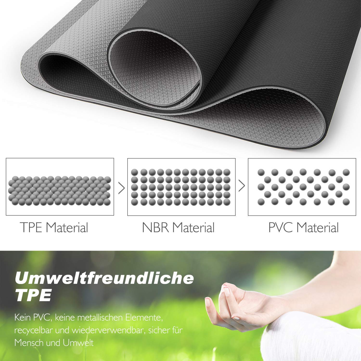 TOPLUS - Tappetino da ginnastica o da yoga, imbottito e antiscivolo, adatto per fitness, pilates e ginnastica, con tracolla, 183 x 61 x 0,6 cm, Nero