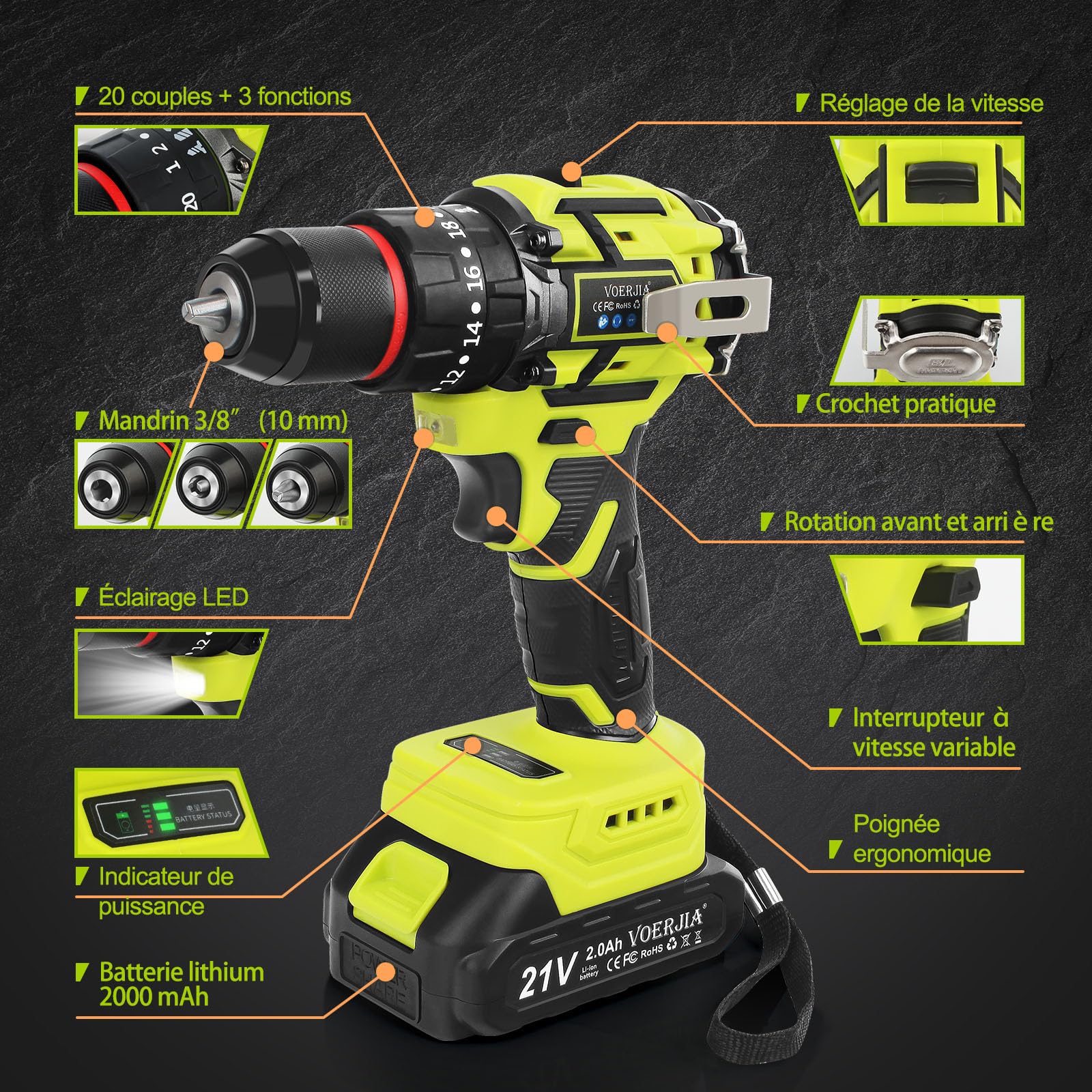 VOERJIA Perceuse Visseuse Sans Fil 21V, Perceuse Percussion Brushless avec 2 Batteries 2000mAh, 65Nm Couple Max, 20+3 Réglages de Couple, 2 Vitesses, LED, Mandrin 10mm, 46 Accessoires et Valise