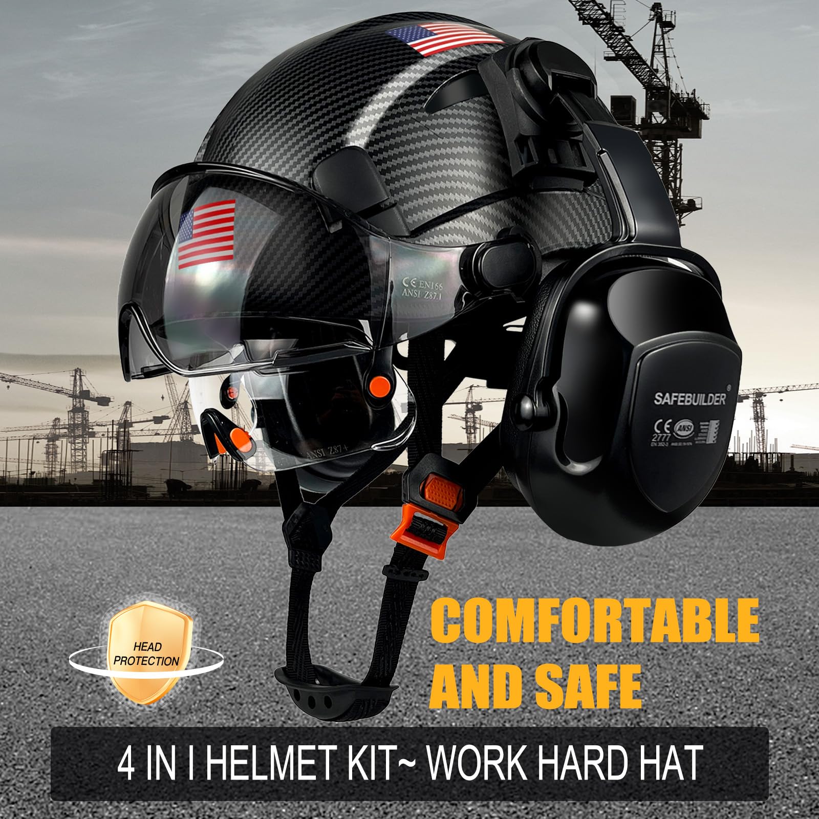 SAFEBUILDER Casco de seguridad industrial con visera para las orejas, casco duro con visera ventilada, protección de la cabeza para trabajo de construcción, ANSI