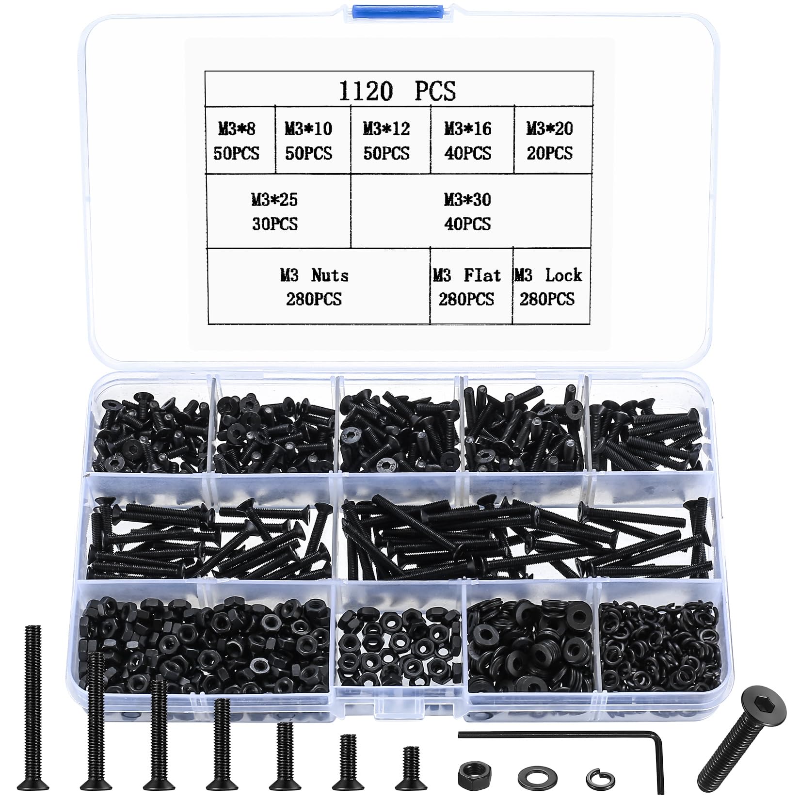 1120 Pcs M3 Countersunk Bolts and Nuts Set, M3 Nuts and Bolts Assortment, Machine Screws Nut & Lock Washers & Spring Washers