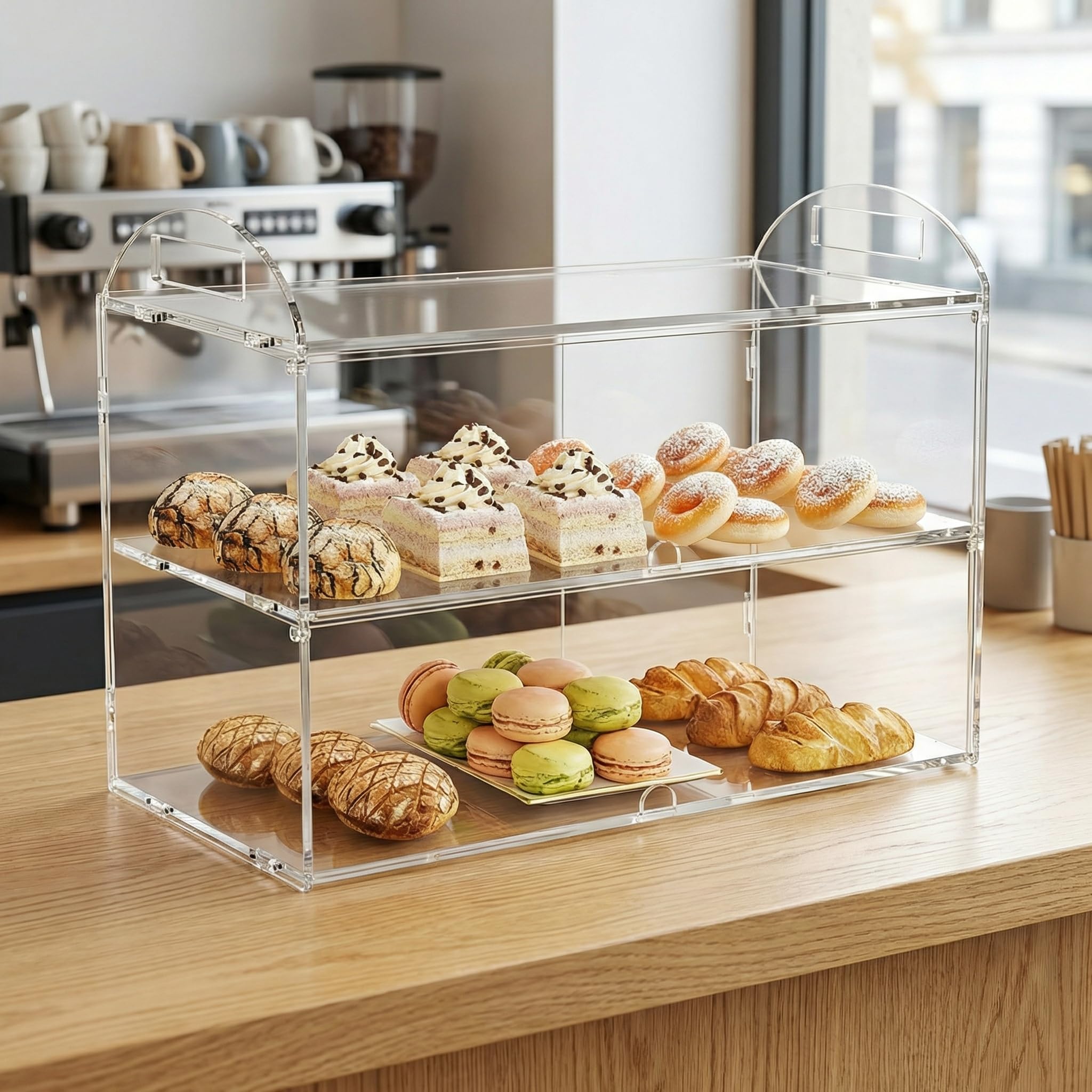 Vetrina per pasticceria a 2 livelli con manico, 48 x 24 x 30 cm, espositore per pasticceria commerciale, in acrilico trasparente, per dessert, ciambelle, ciambelle, torte e biscotti