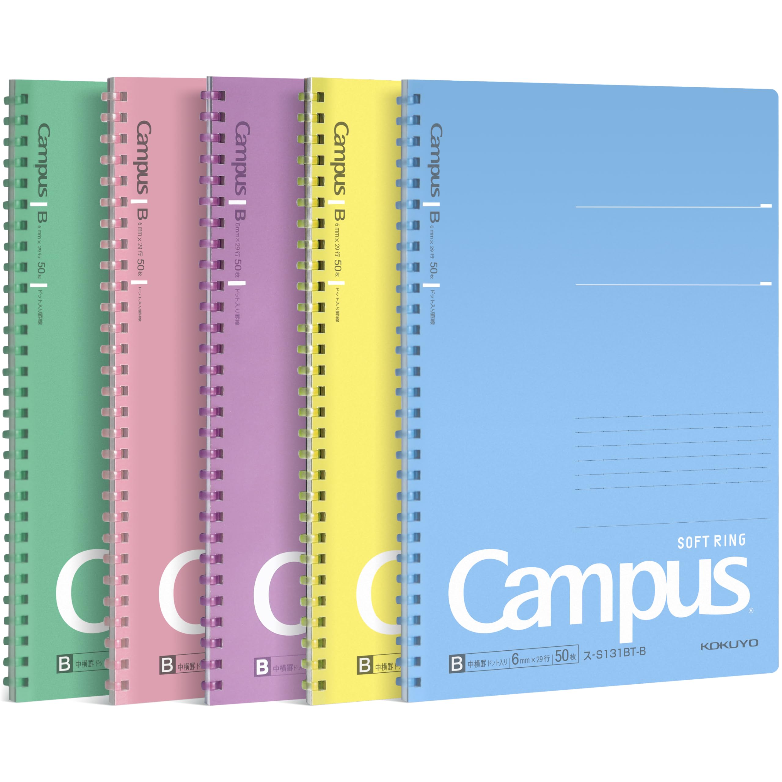 KOKUYO Campus SU-S131BT Notizbuch, A5, B 6 mm, gepunktet, liniert, 29 Linien, 50 Blatt, Set mit 5 Farben, Japan Import