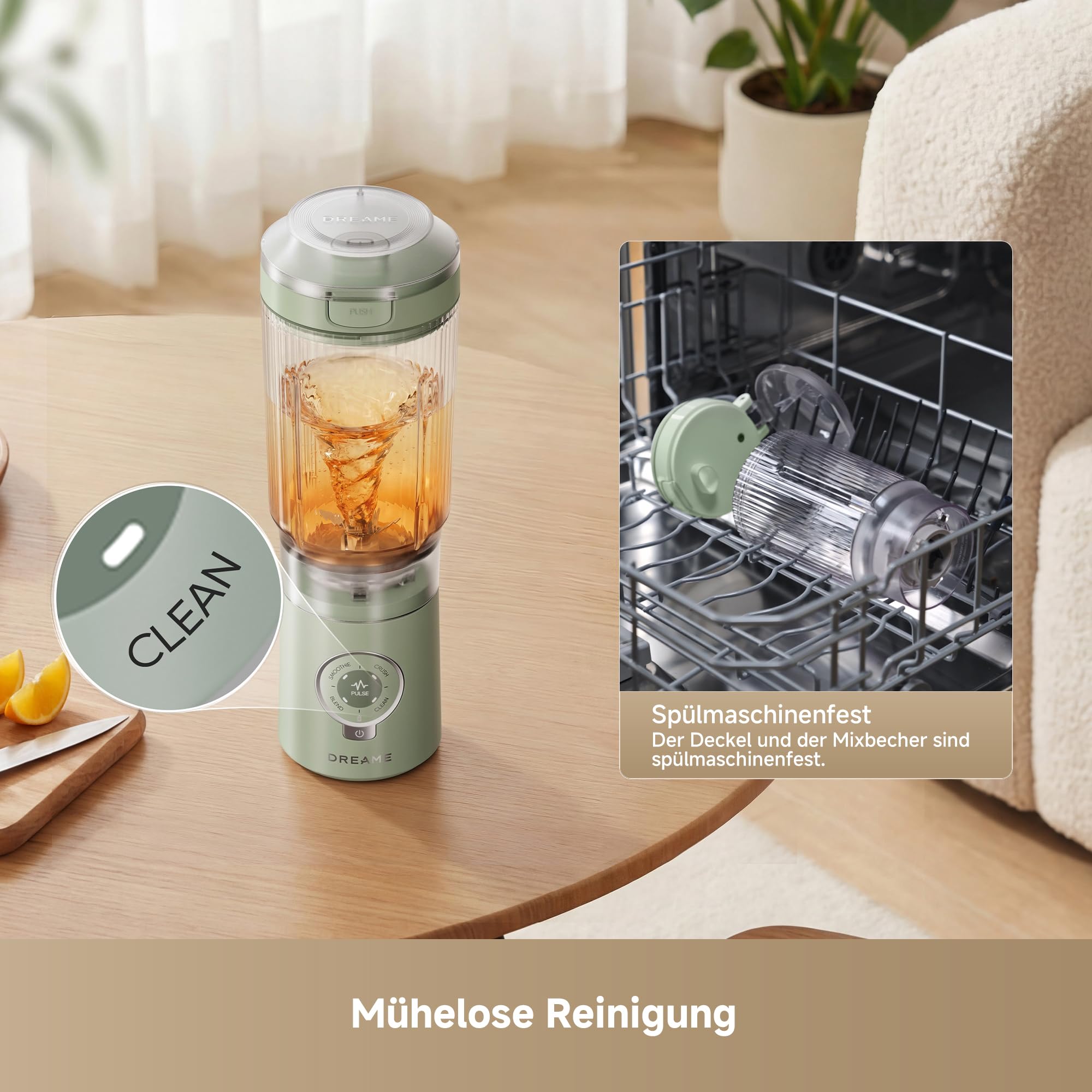 DREAME PortFresh Tragbarer Mixer,Abnehmbares Motorgehäuse, Schnellladen, 880 ml BPA-freier Mixbecher (500 ml Mixkapazität), 5 voreingestellte Funktionen, Selbstreinigungsmodus,Spülmaschinenfest,Grün
