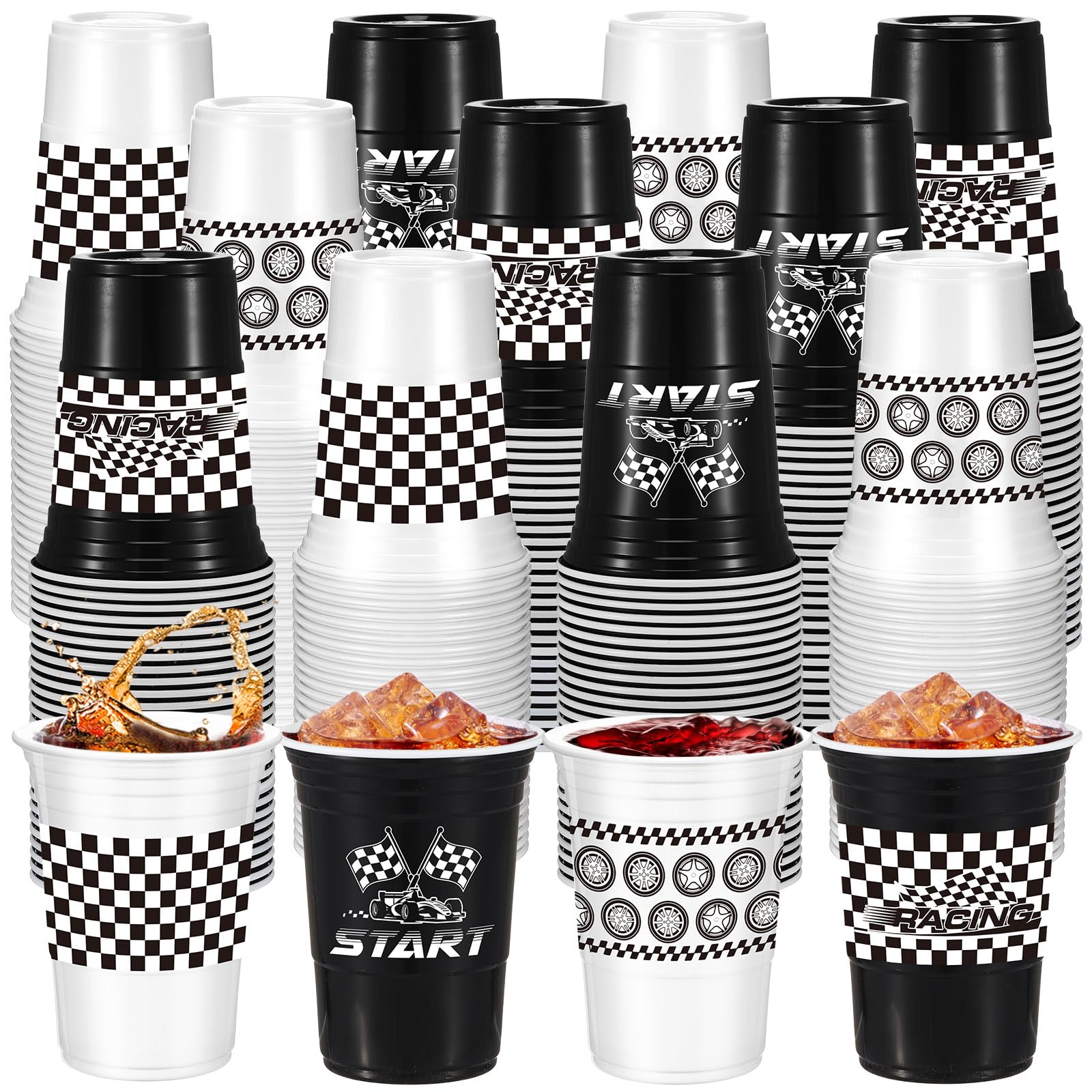 Qinyoung 100 Pcs Race Car Party Supplies Bulk 16 oz Checkered Flag Cups Racing Themed Thick Plastic Cup for Race Car Birthday Party Checkered Racing