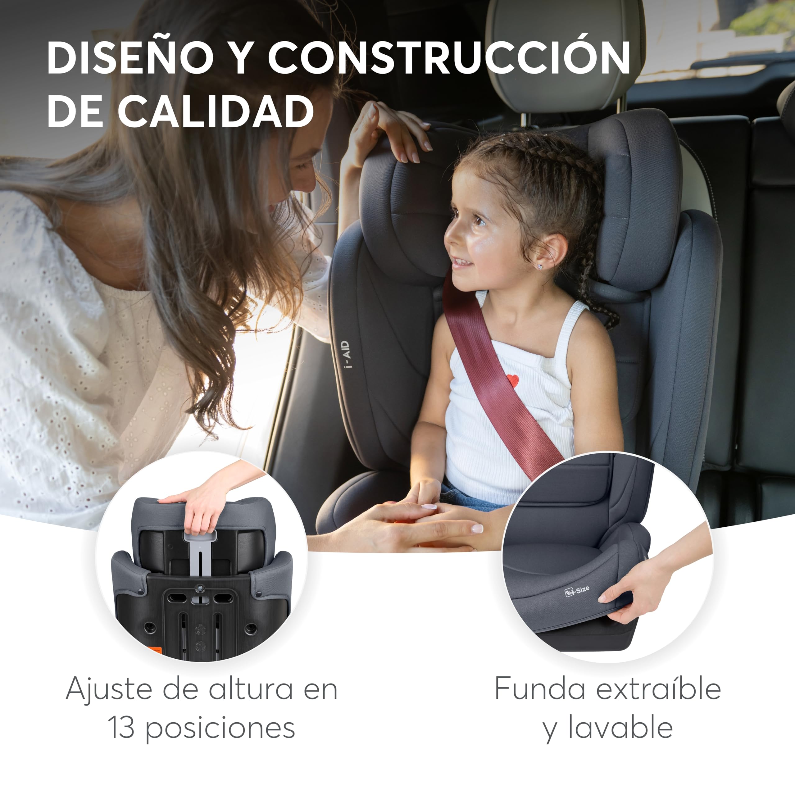 KikkaBoo Silla Coche Grupo 3 (15-36 kg, 100-150 cm) i-AID, Silla Para Niño sin ISOFIX, i-Size, De 3,5 a 12 Años, 13 Posiciones Reposacabezas, Gris — view 5