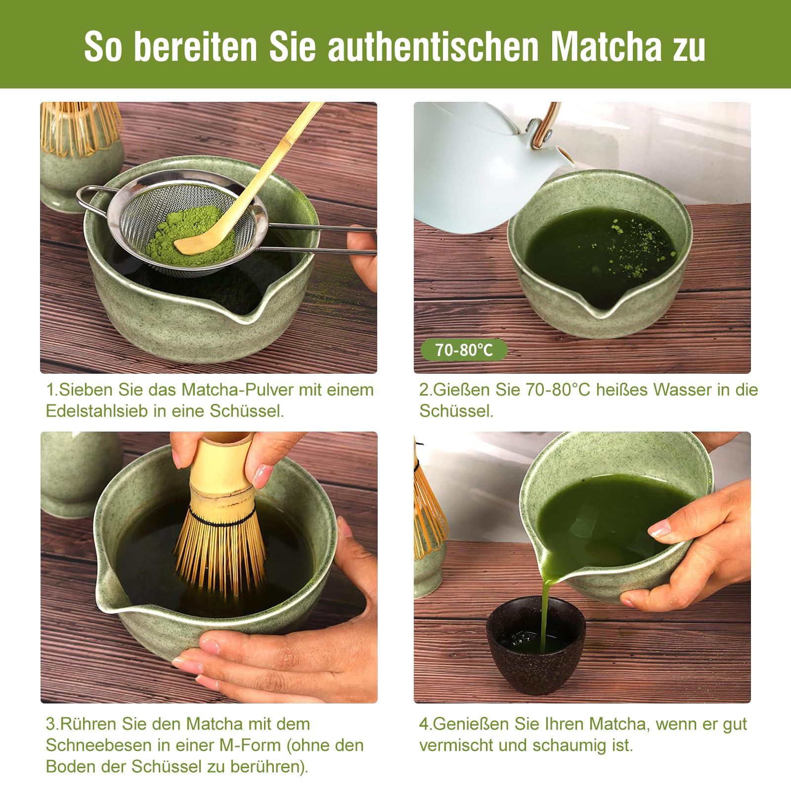 Matcha Set 6-teilig, Japanisches Matcha Tee Set mit Keramikschale mit Ausgießer, Bambusbesen, Besenhalter, Edelstahl-Sieb, Bambuslöffel, Traditionelles Matcha Starter Set für Teezeremonien
