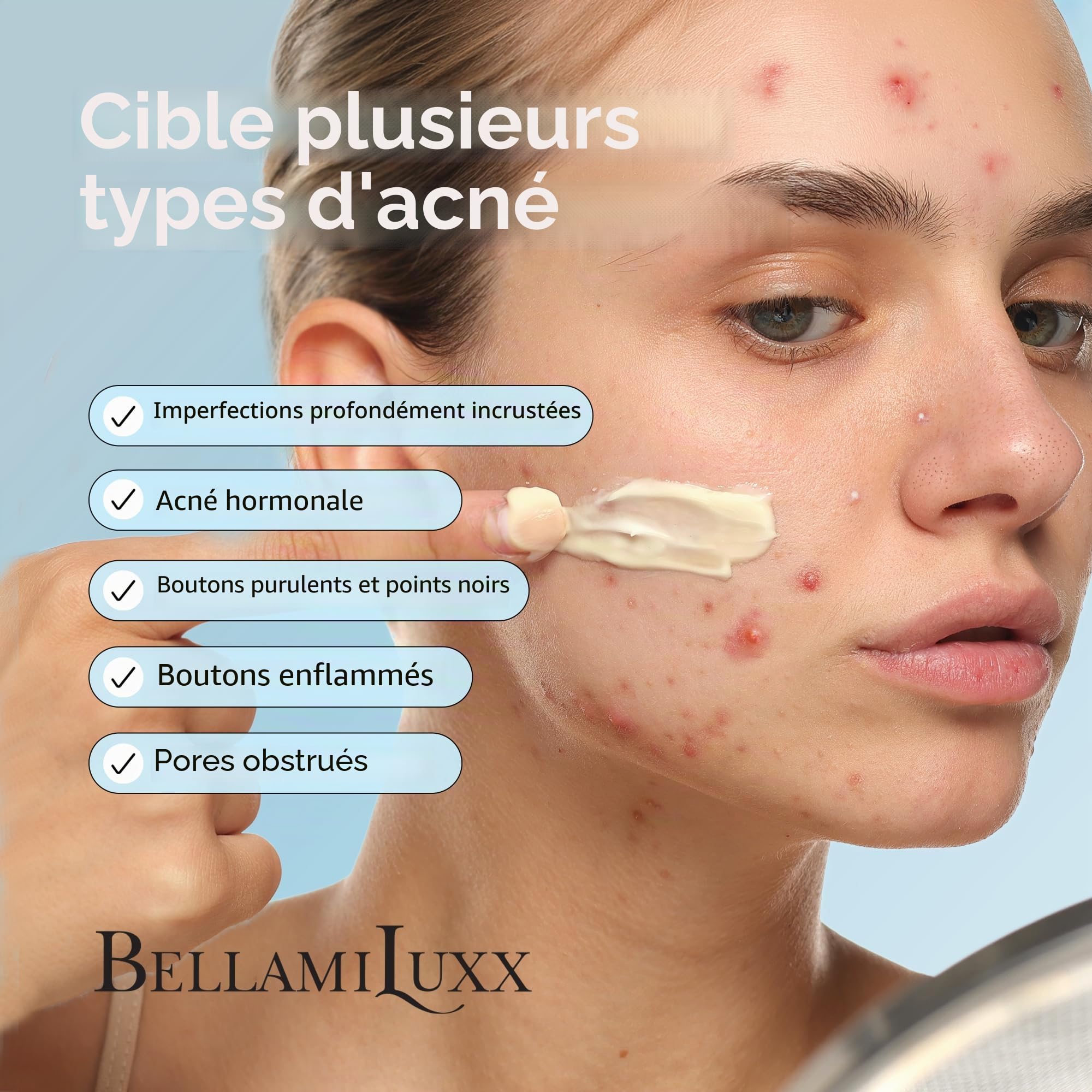 BellamiLuxx Traitement cystique de l'acné pour le visage : crème de traitement de l'acné hormonal pour adolescents et adultes - Acide salicylique et huile d'arbre à thé - Anti-acné hydratant réduit