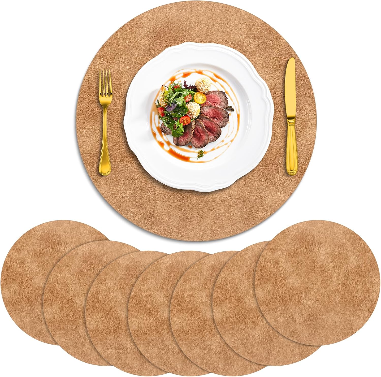 ADRIMER Placemats, Heat Resistant Round Placemats Set of 8 Washable, Waterproof Table Mats, Wipeable Faux Leather Place Mats for Kitchen, Dining Room, Camel