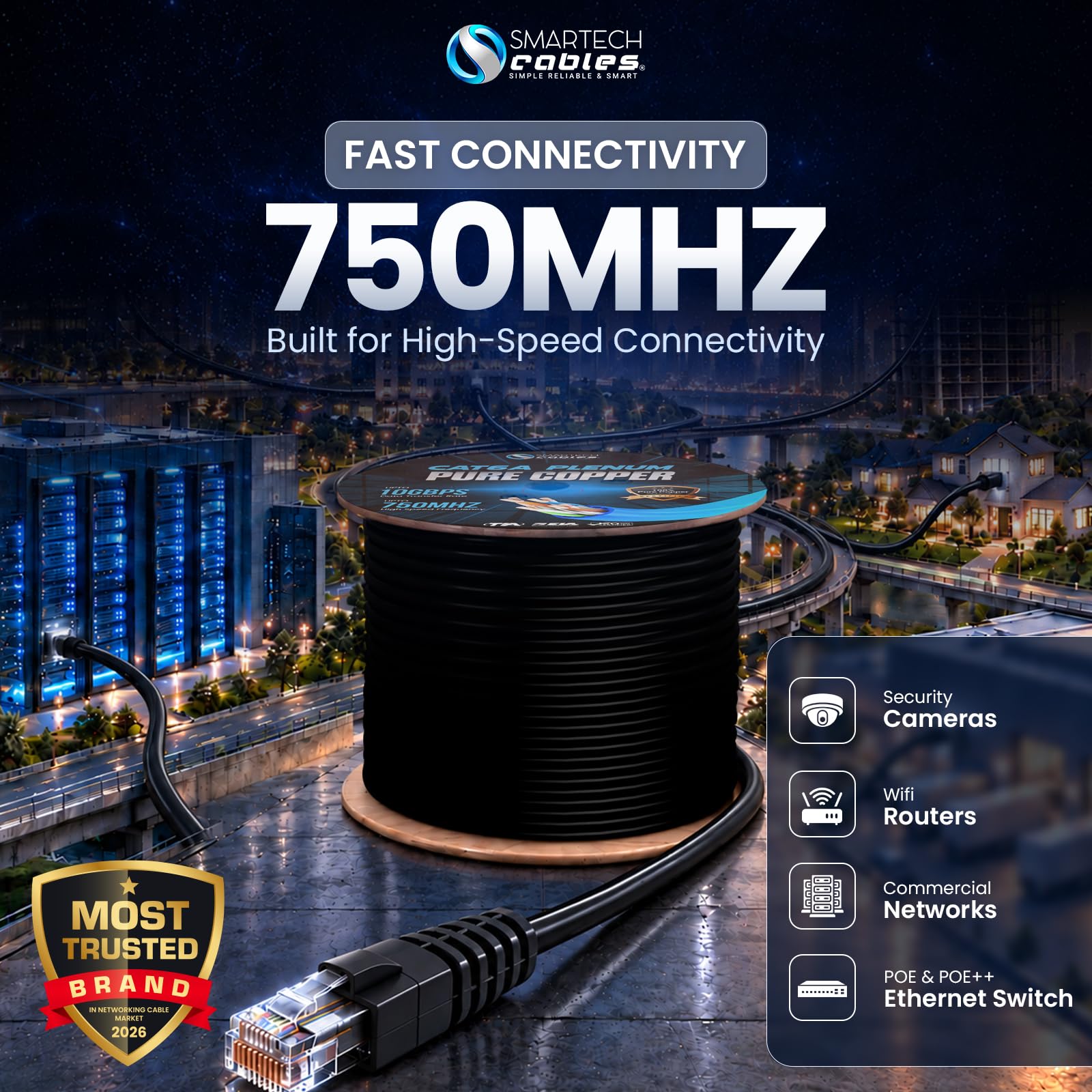 Smartech Cables | Cavo Ethernet Cat6a Plenum da 304,8 m, certificato, 100% rame massiccio puro, 23 AWG, 10 Gbps, 750 MHz, PoE++ (4PPoE, fino a 90 W) | Cavo Ethernet Cat 6a ad alte prestazioni per