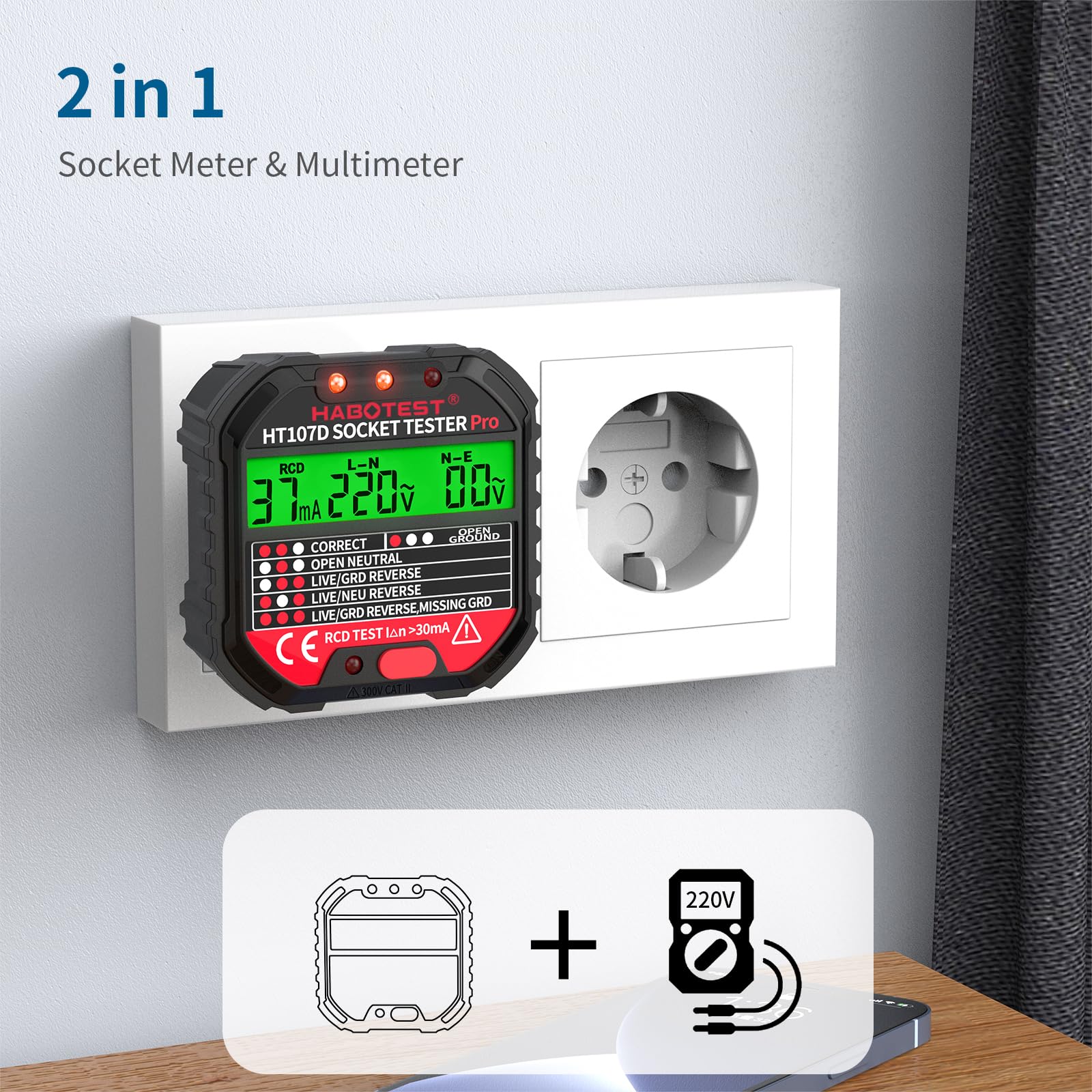 Tester de Prese, Tester per Circuiti Elettrici con Test RCD e Display LCD, Rilevatore Cavi Elettrici 6 tipi di Diagnosi dei Guasti, Visualizzazione tensione 90-250 V/CAT.II 300V (EU Plug)
