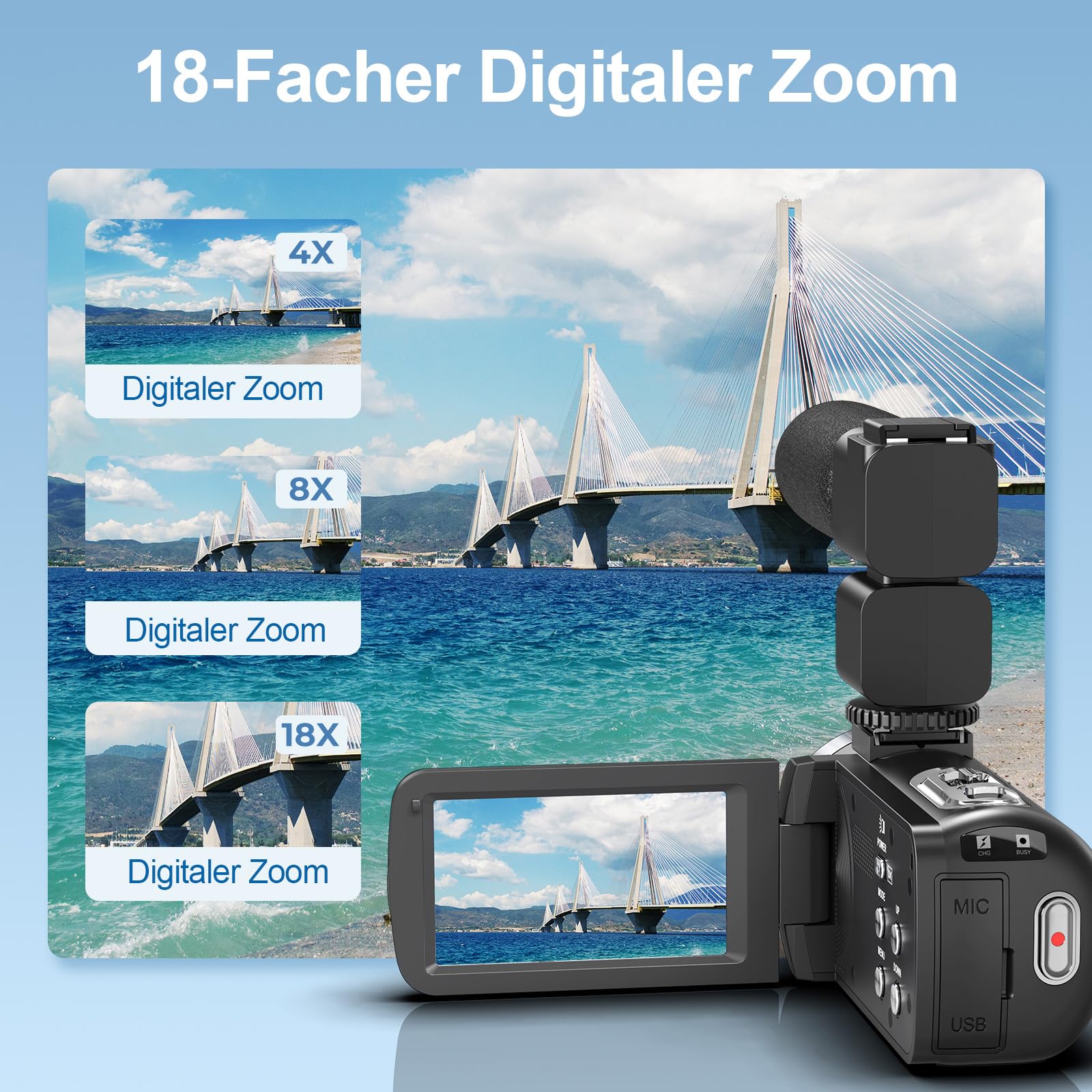 Videokamera 4K Camcorder 80MP 30FPS IR Nachtversion Vlogging Kamera 3.0-Zoll IPS Bildschirm 18X Digitalzoom für YouTube